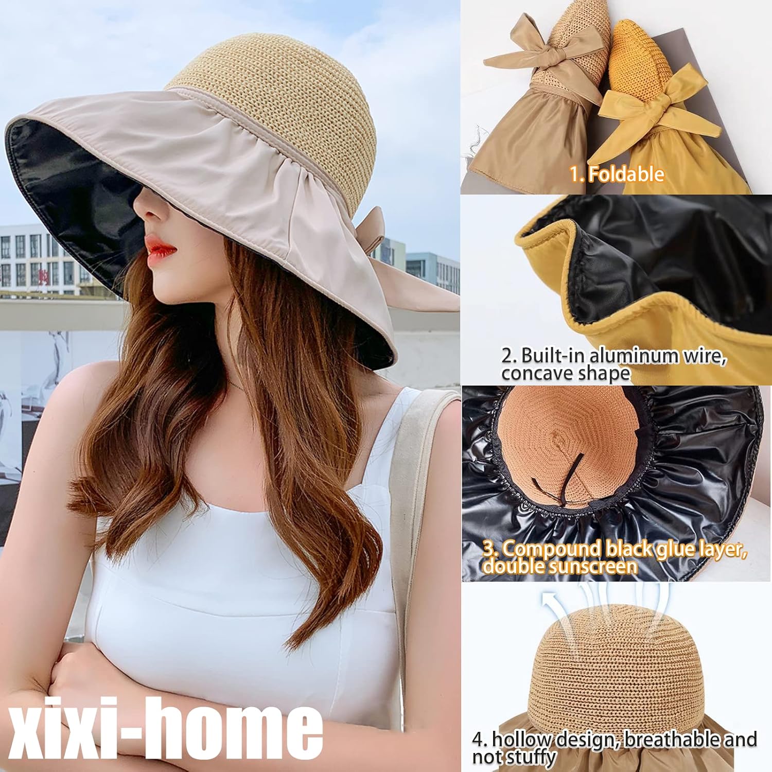 Sombrero de sol para mujer, sombrero de paja con protector solar de playa, sombrero plegable de borde ancho, banda resistente al viento y manga de