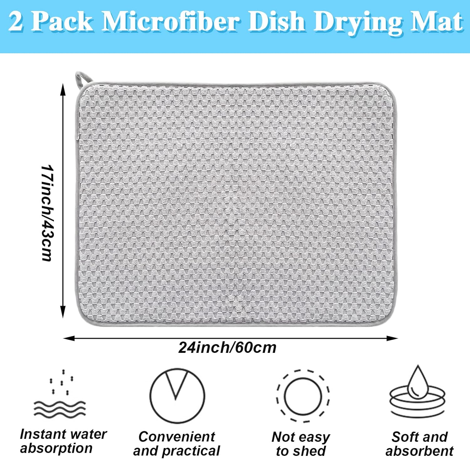 Paquete de 2 alfombrillas de microfibra para secar platos, escurridor de platos absorbente de 24 x 17 pulgadas, almohadilla de secado de platos de