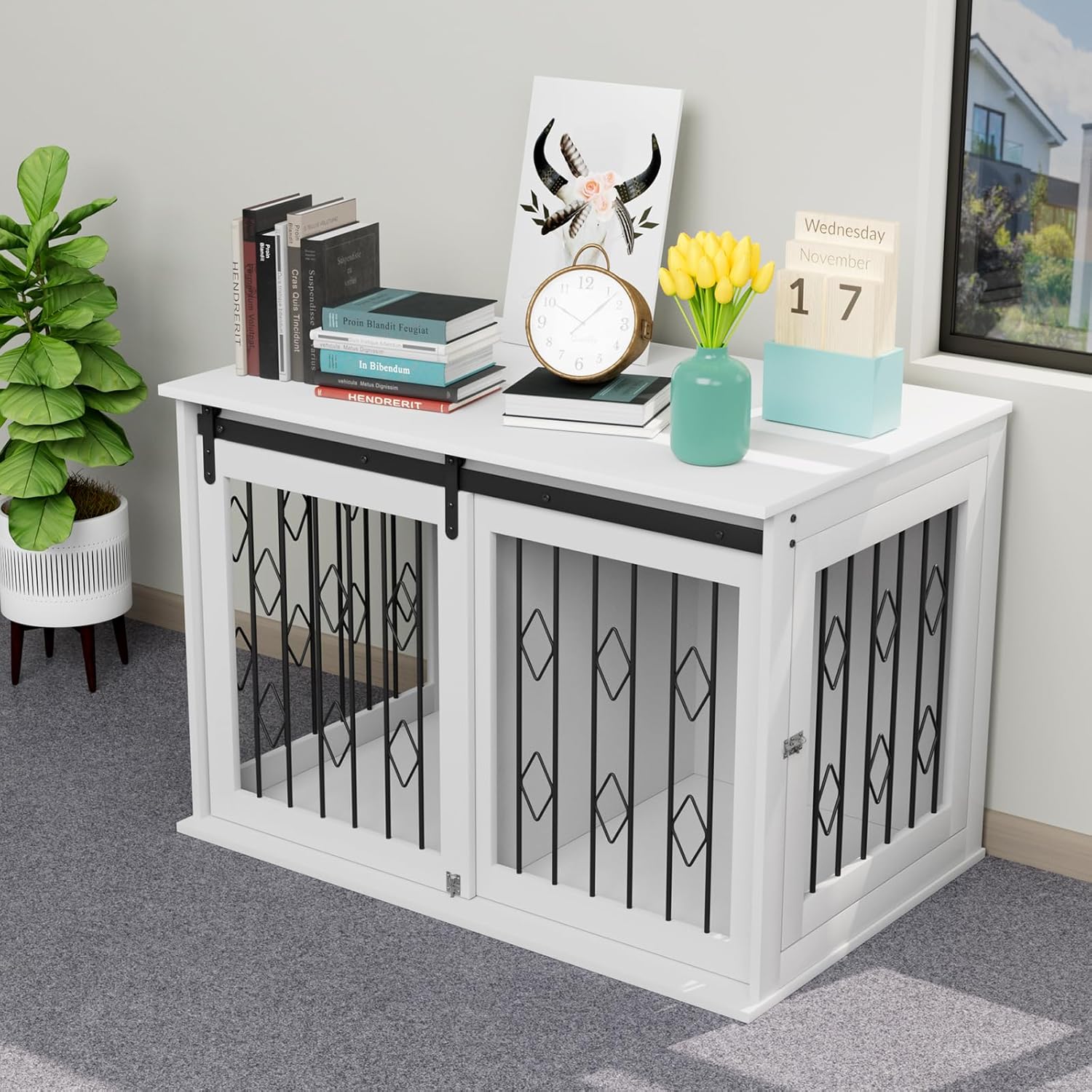 Arlopu Mueble de jaula para perros con puerta corrediza de granero, mesa auxiliar de madera de 39.4 pulgadas, con apertura superior, divisor