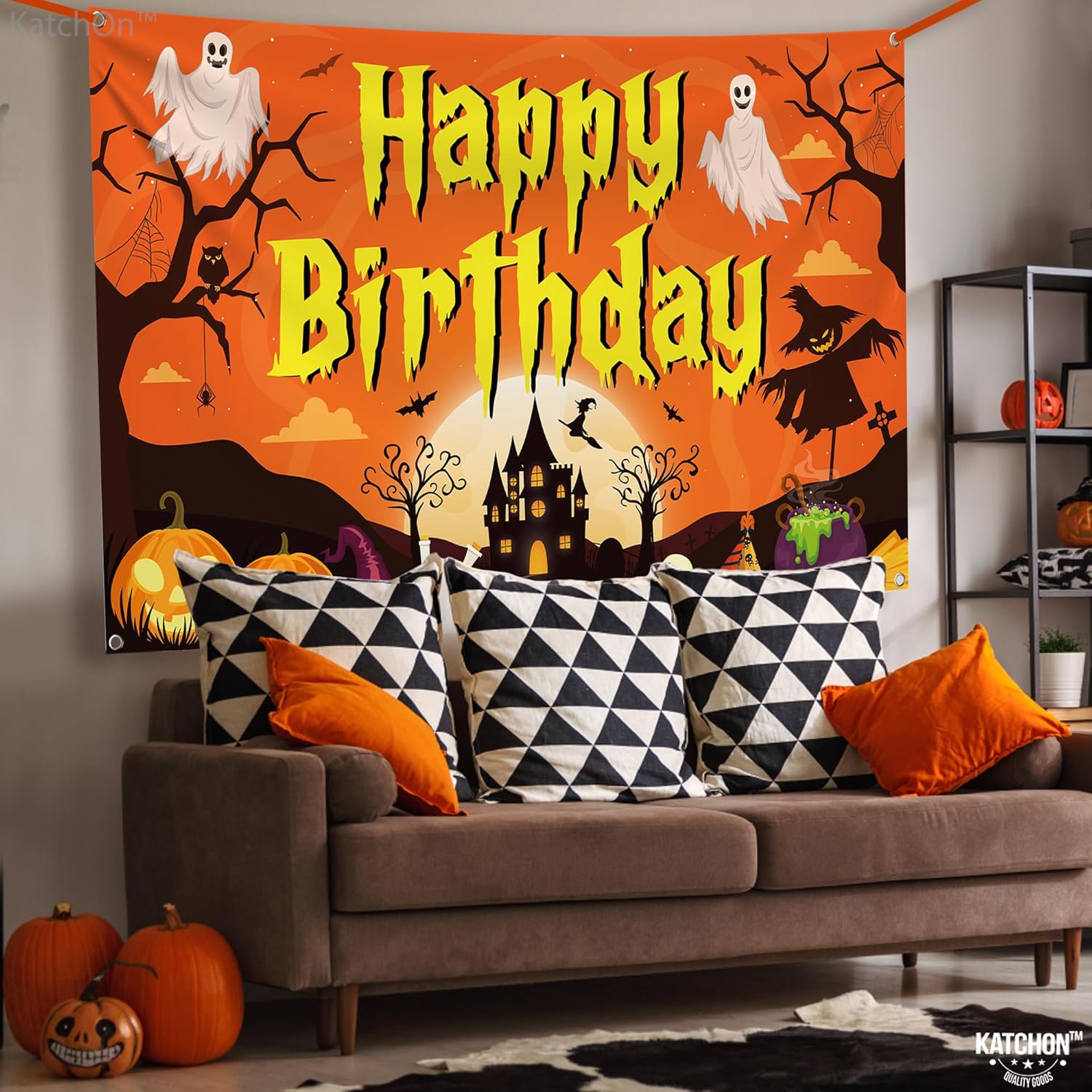 KatchOn, Pancarta espeluznante de Halloween con texto en inglés Happy Birthday  Extra grande, 72 x 44 pulgadas, telón de fondo de calabaza de