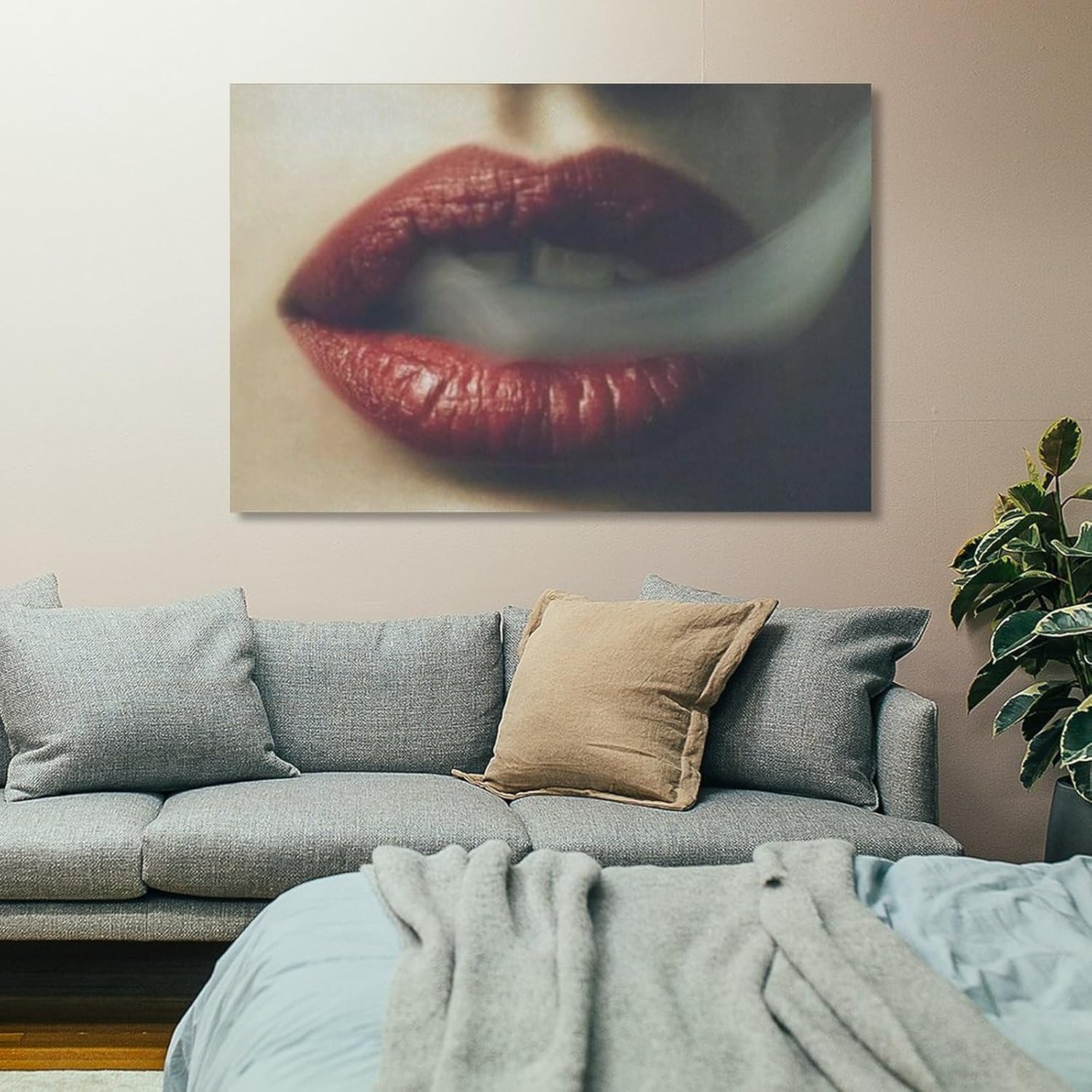 Pósteres modernos de arte de pared, póster de arte de moda con labios rojos, mujer, fumar, póster de arte de cueva de hombre, pósteres e impresiones
