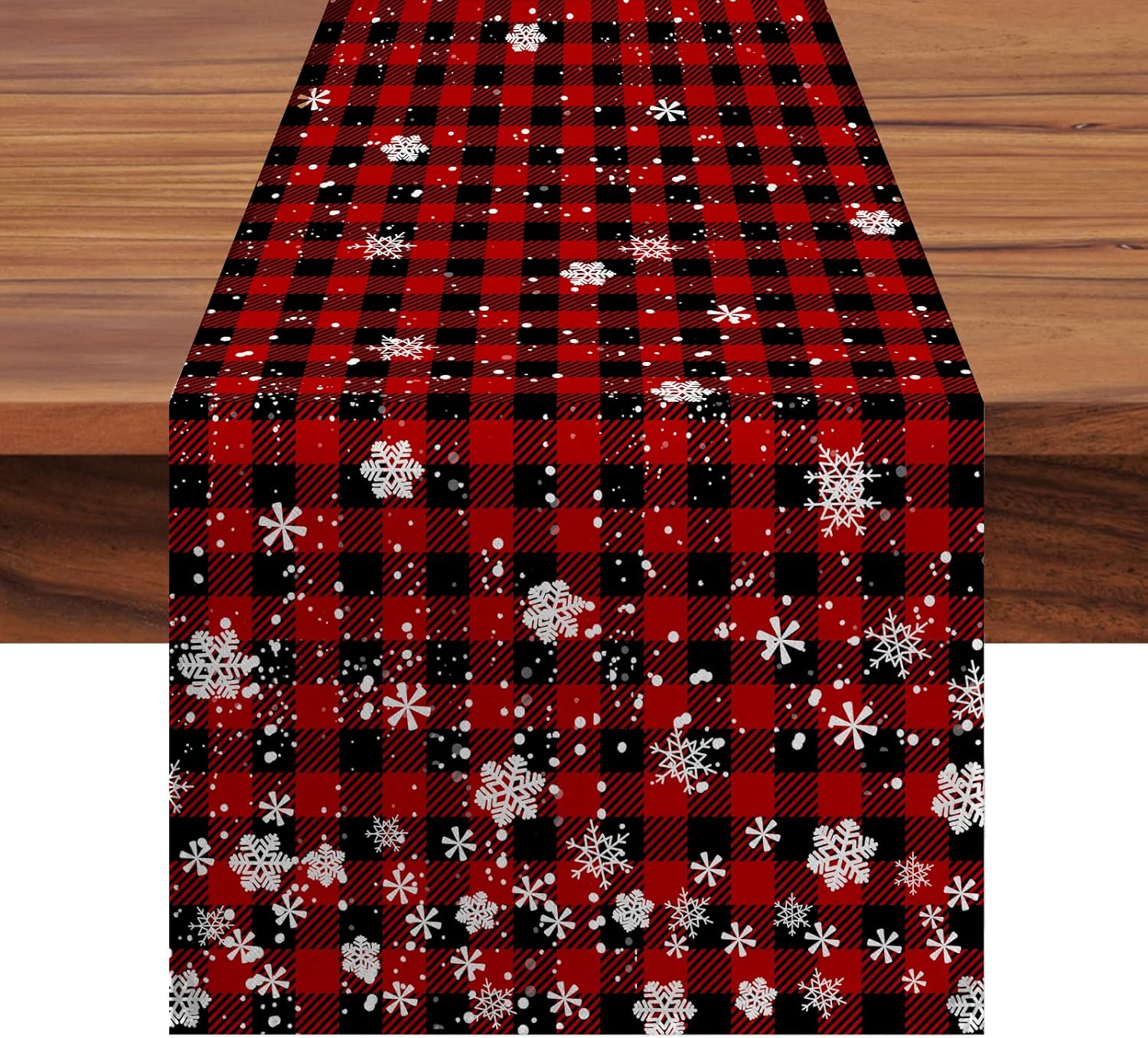 Camino de mesa de Navidad de búfalo rojo a cuadros de copo de nieve de 90 pulgadas de largo, decoración de mesa de comedor de cocina de invierno