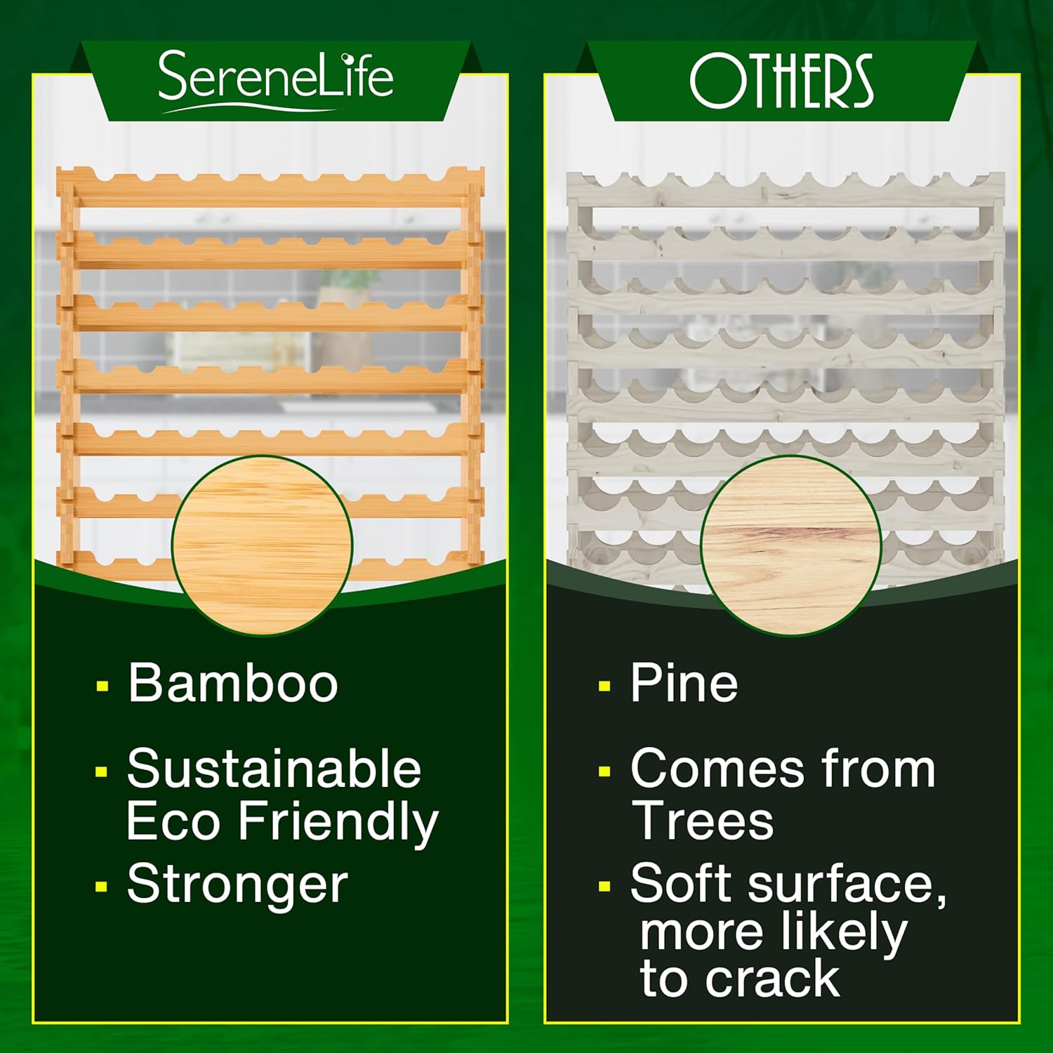 SereneLife Estante de vino apilable de bambú, capacidad de 108 botellas de 12 niveles, suelo de pie, sin herramientas, estante modular de
