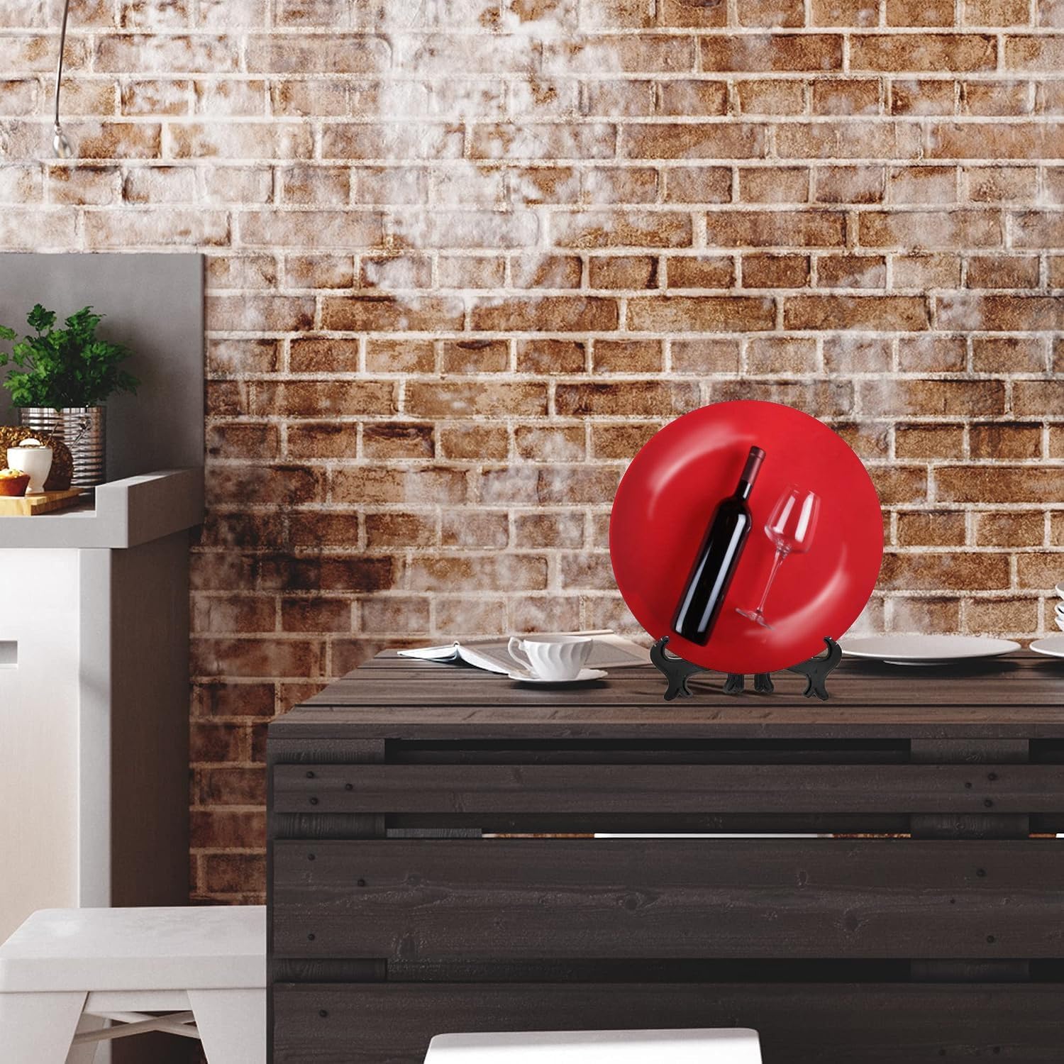 Placa de cerámica para colgar en la pared, botella de vino, vidrio vacío, pintura roja, placa decorativa, placa de porcelana para sala de estar,