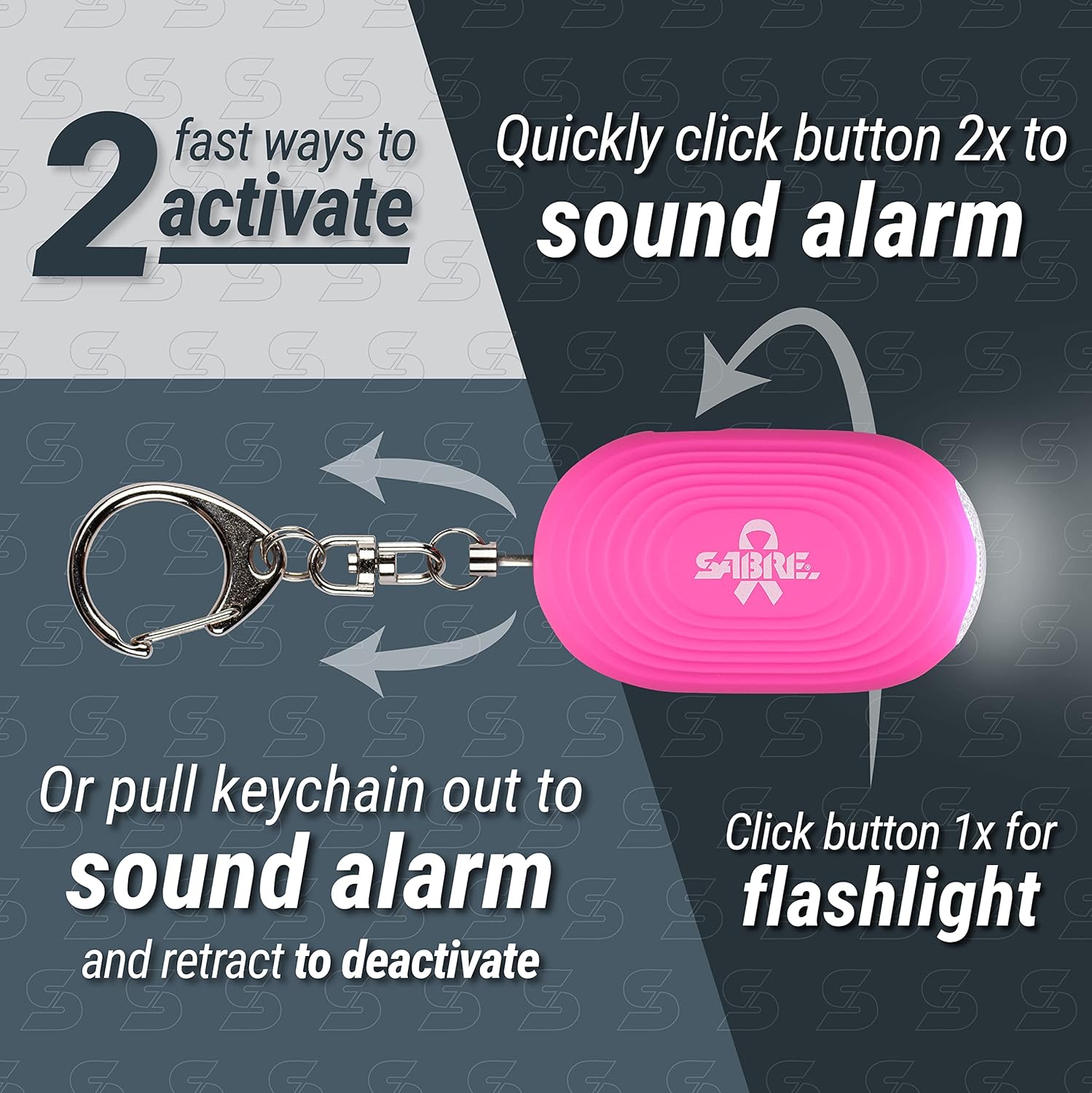 SABRE Alarma personal 2 en 1 con luz LED, sirena de seguridad personal de 130 dB, gancho a presión para acceso instantáneo, rango de 1,250 pies,
