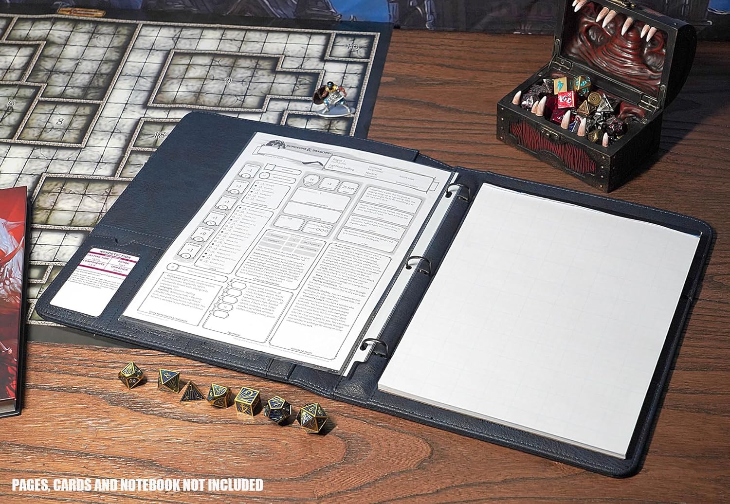 Forged Dice Co. Game-Folio – Carpeta de piel sintética, carpeta de juegos para hojas de personajes DND con organizador de tarjetas hechizas DND y