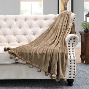 BYTIDE Manta con pompones para sofá, manta de franela de vellón con borlas de flecos de pompones, manta de felpa esponjosa, acogedora, cálida, BYTIDE Manta con pompones para sofá, manta de franela de vellón con borlas de flecos de pompones, manta de felpa esponjosa, acogedora, cálida,
