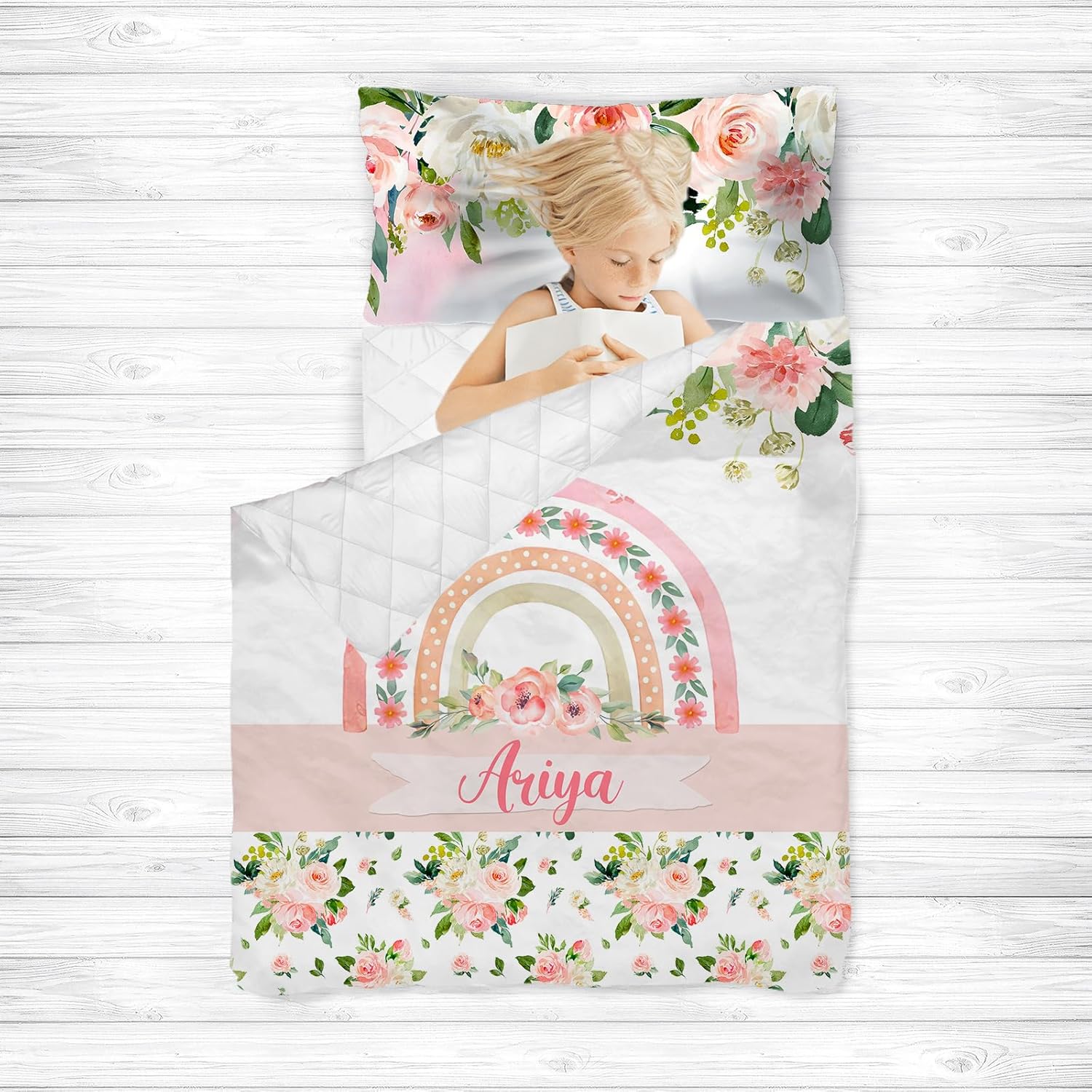 Tapete de siesta personalizado con diseño floral de arcoíris para niños con nombre, sacos de dormir para niñas, colchón de cama personalizado para