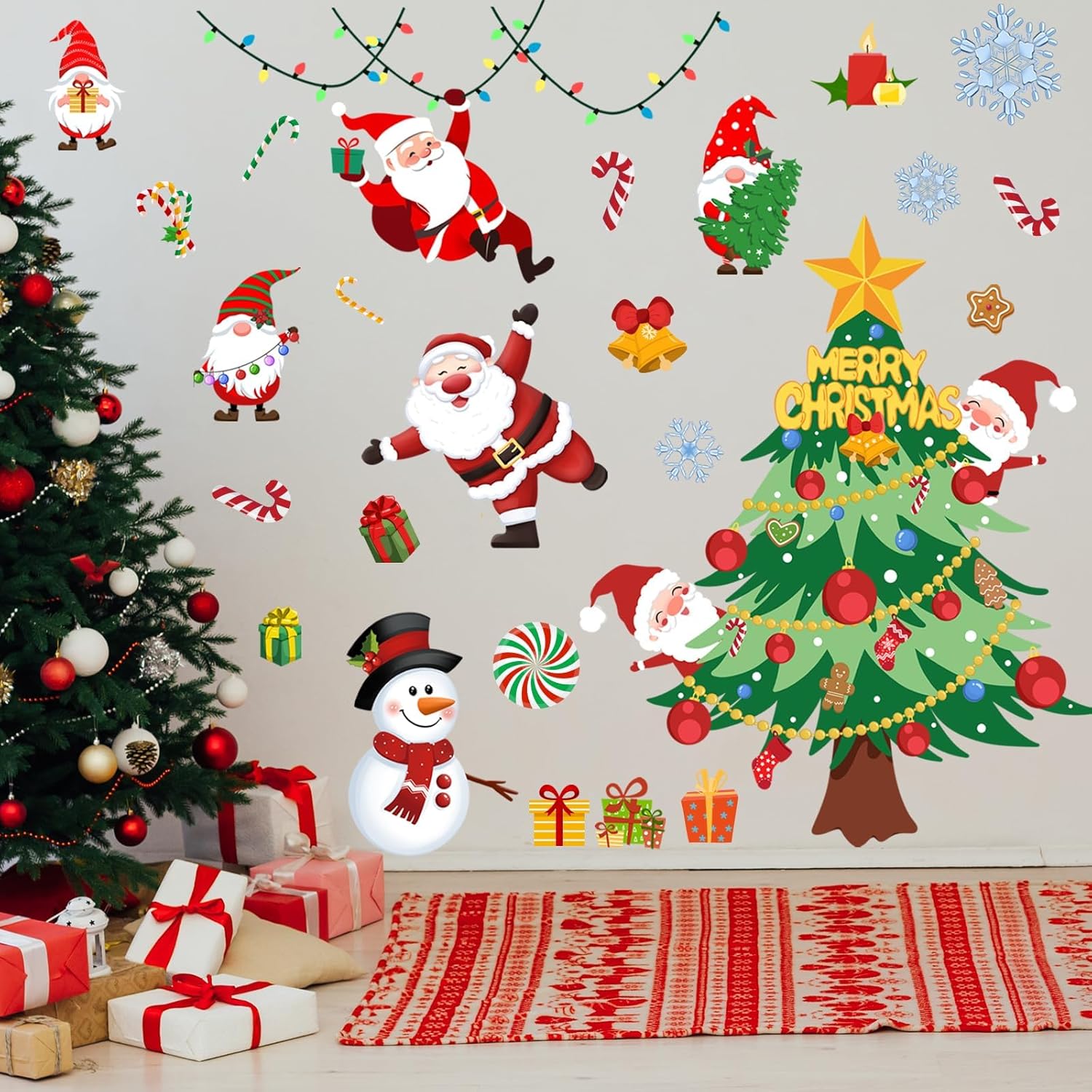 Calcomanía de pared de árbol de Navidad de 41.33 x 41.33 pulgadas, calcomanías de pared de Papá Noel de Navidad, muñecos de nieve, decoración de