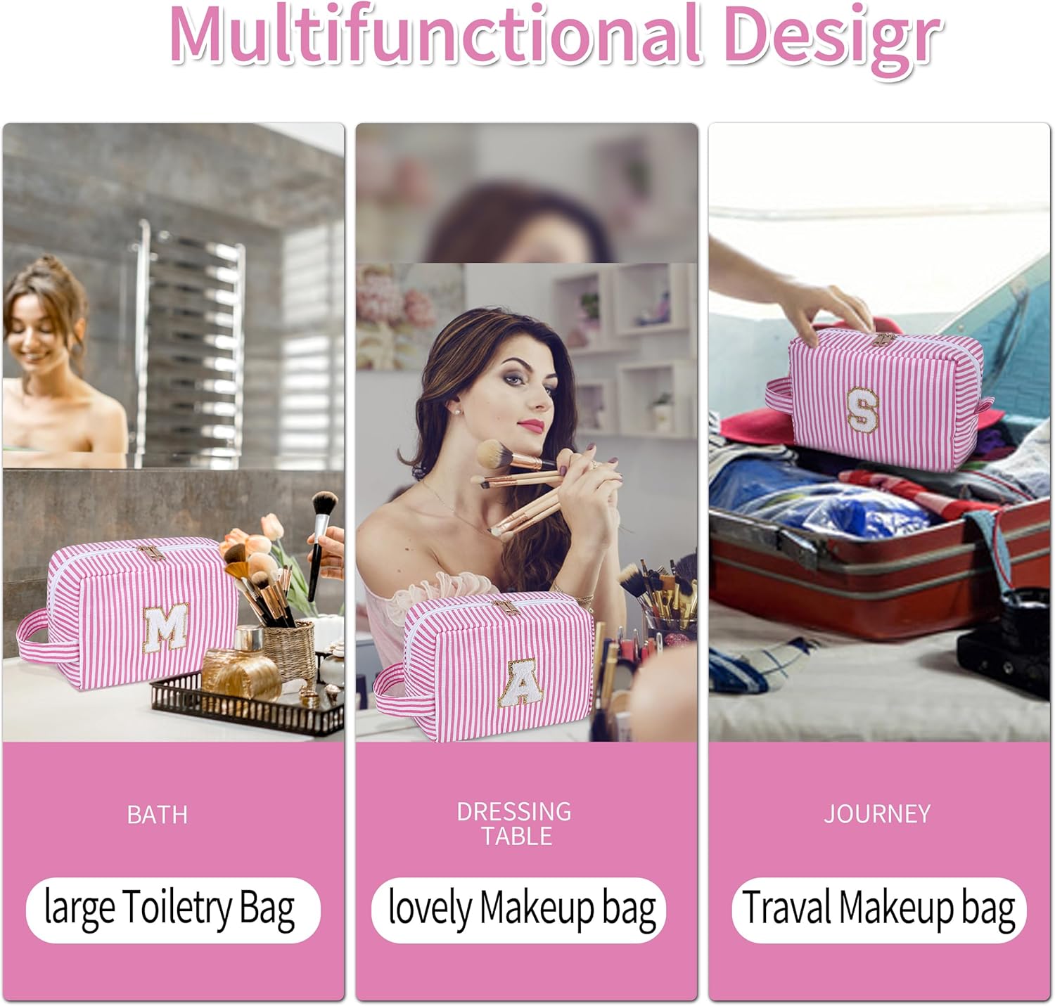 Bolsa de maquillaje con parche de letras, bolsa de viaje para cosméticos, bolsa de preparación con trébol de piedra, con inicial, neceser con