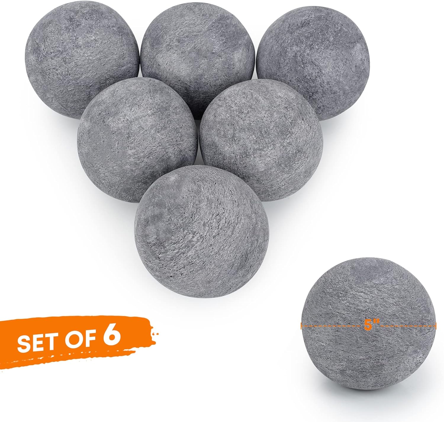 Stanbroil Bolas de fuego de cerámica  Piedras redondas de fuego de 5 pulgadas para hoguera y chimenea  Juego de 6, color gris