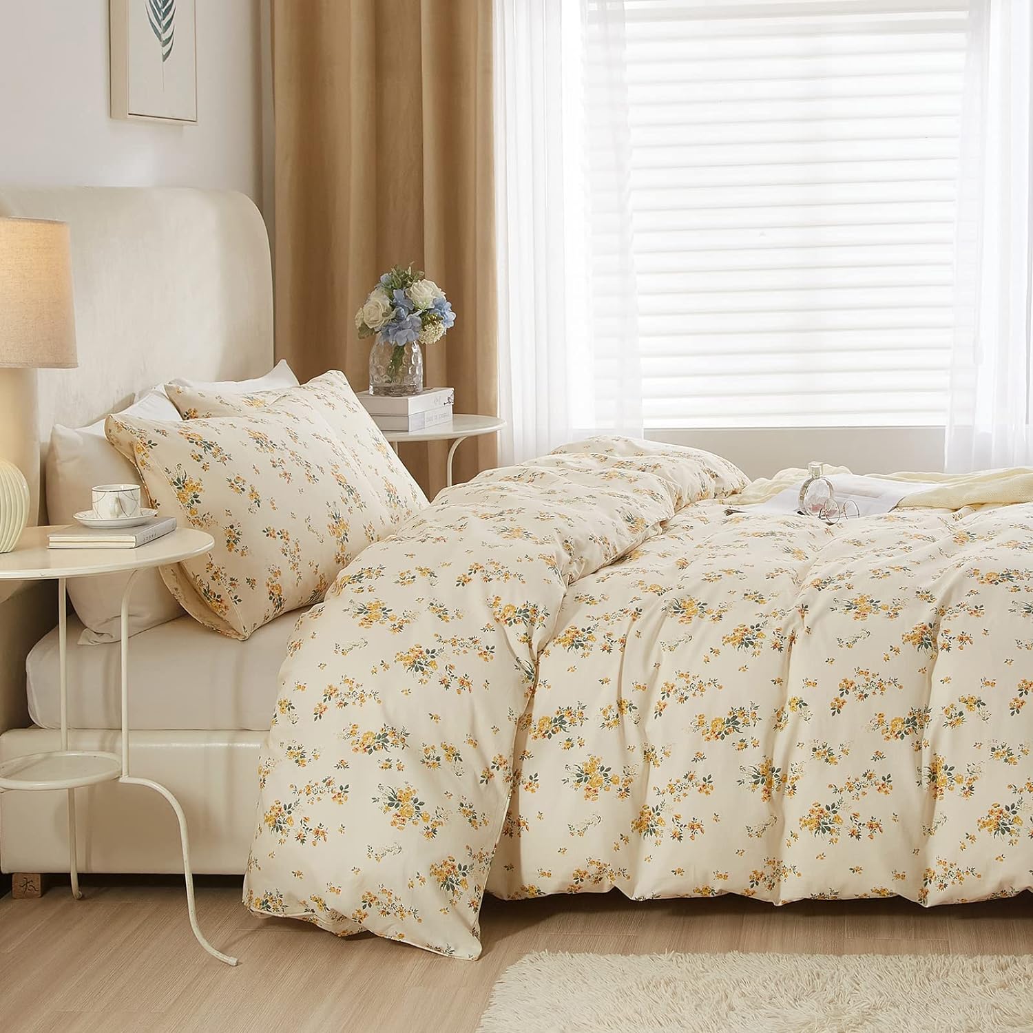 VClife Juego de funda de edredón color crema tamaño Queen  Juego de ropa de cama de algodón suave con estampado floral amarillo, cierre de