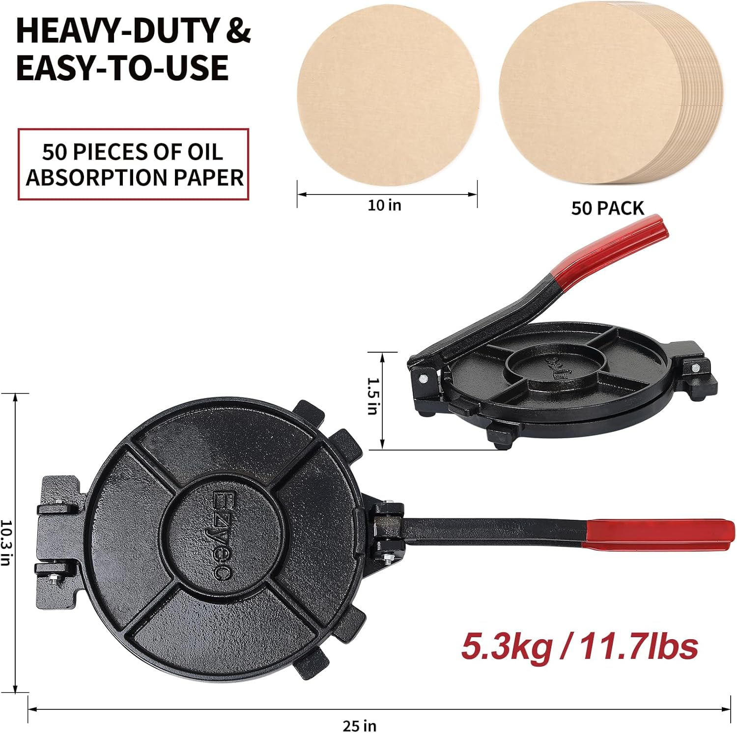 Cast Iron Tortilla Press 8-10 Inch, Large Roti Maker with Silicone Grip Handle for Roti, Taco, Flour, Corn, Dough, Chapati, Sturdy Prensa Para