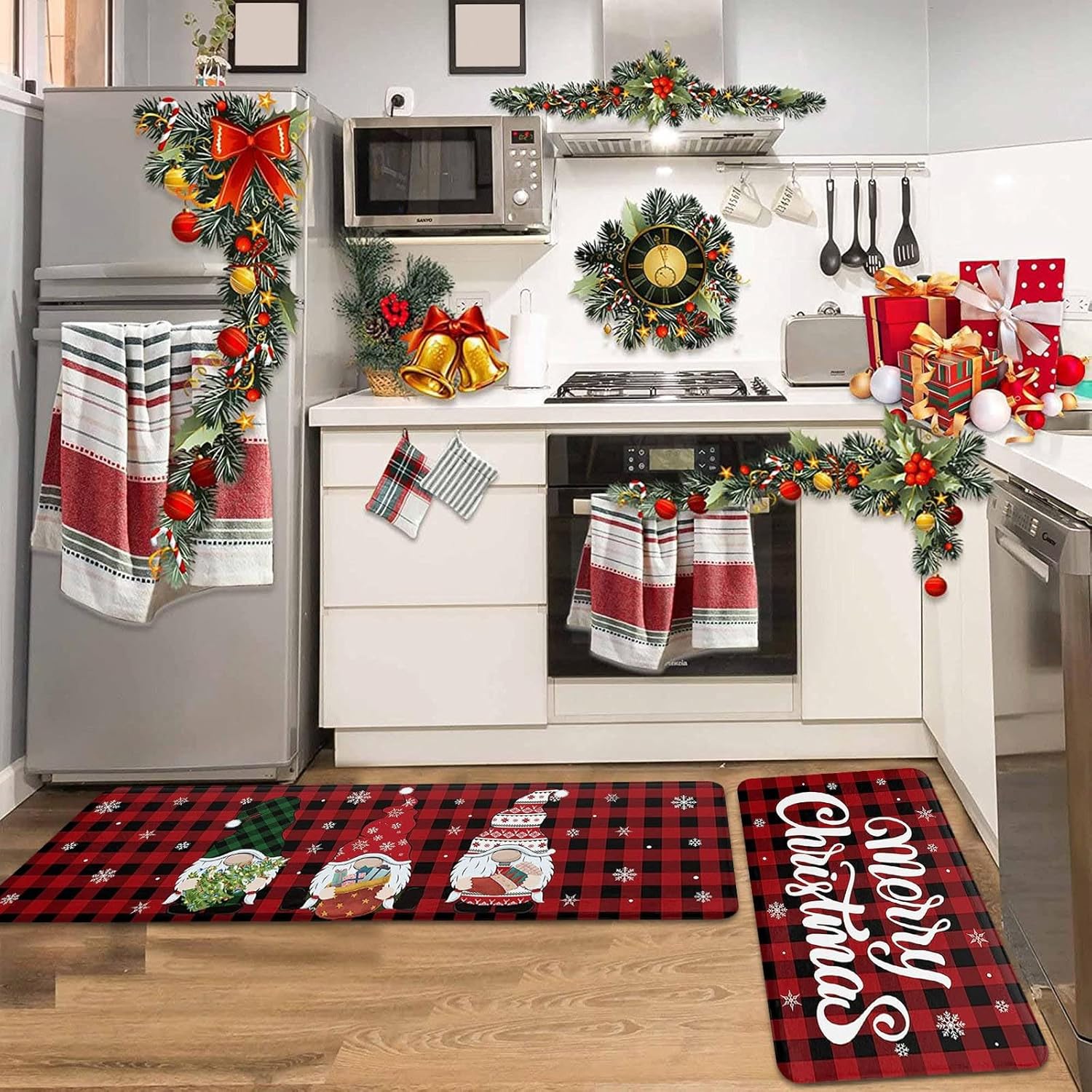 Juego de 2 alfombras y tapetes de cocina con texto en inglés “Merry Christmas”, antideslizantes, absorbentes, con diseño de gnomo de nieve, para