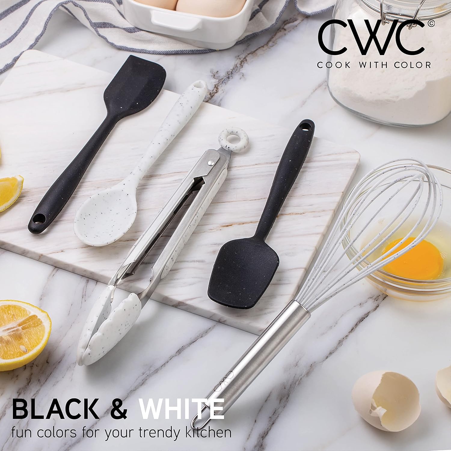 Cook With Color Juego de cinco mini utensilios de cocina  Herramientas de cocina de silicona, batidor, pinzas, espátula, cuchara y cuchara (negro y