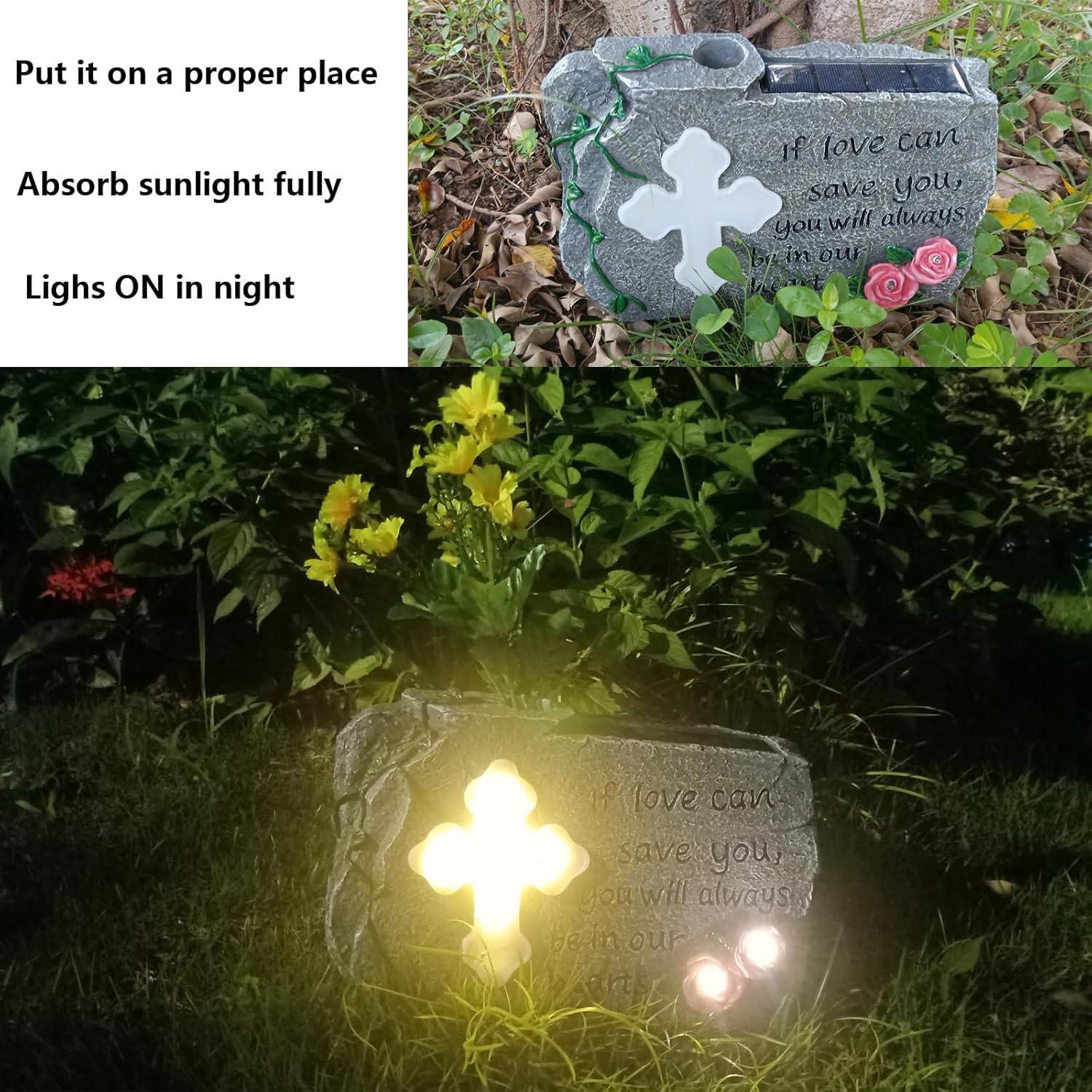 Cementerio de lápida para decoración de Halloween, decoración de tumba para cementerio a pérdida de memoria, luces solares de cruz de jardín,