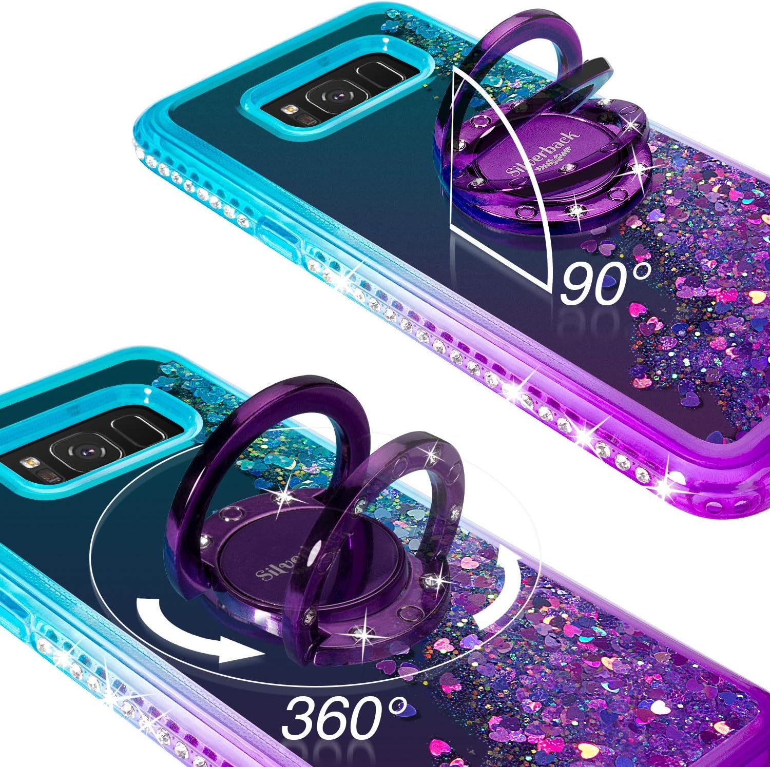 Silverback Funda para Galaxy S8 Plus, funda con purpurina holográfica líquida en movimiento con soporte de soporte, soporte de anillo de diamantes