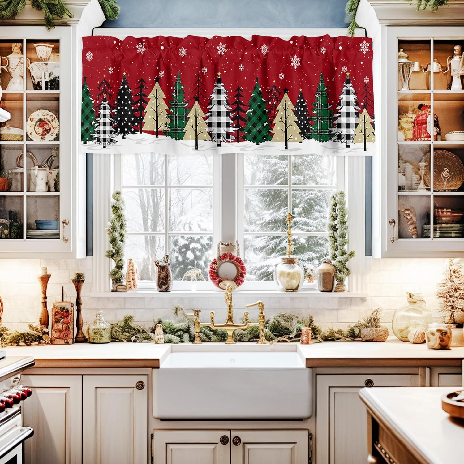 Cortina de cenefa para árbol de Navidad, cortina roja para ventana de cocina, cortina corta con bolsillo para barra, cenefa para sala de estar,