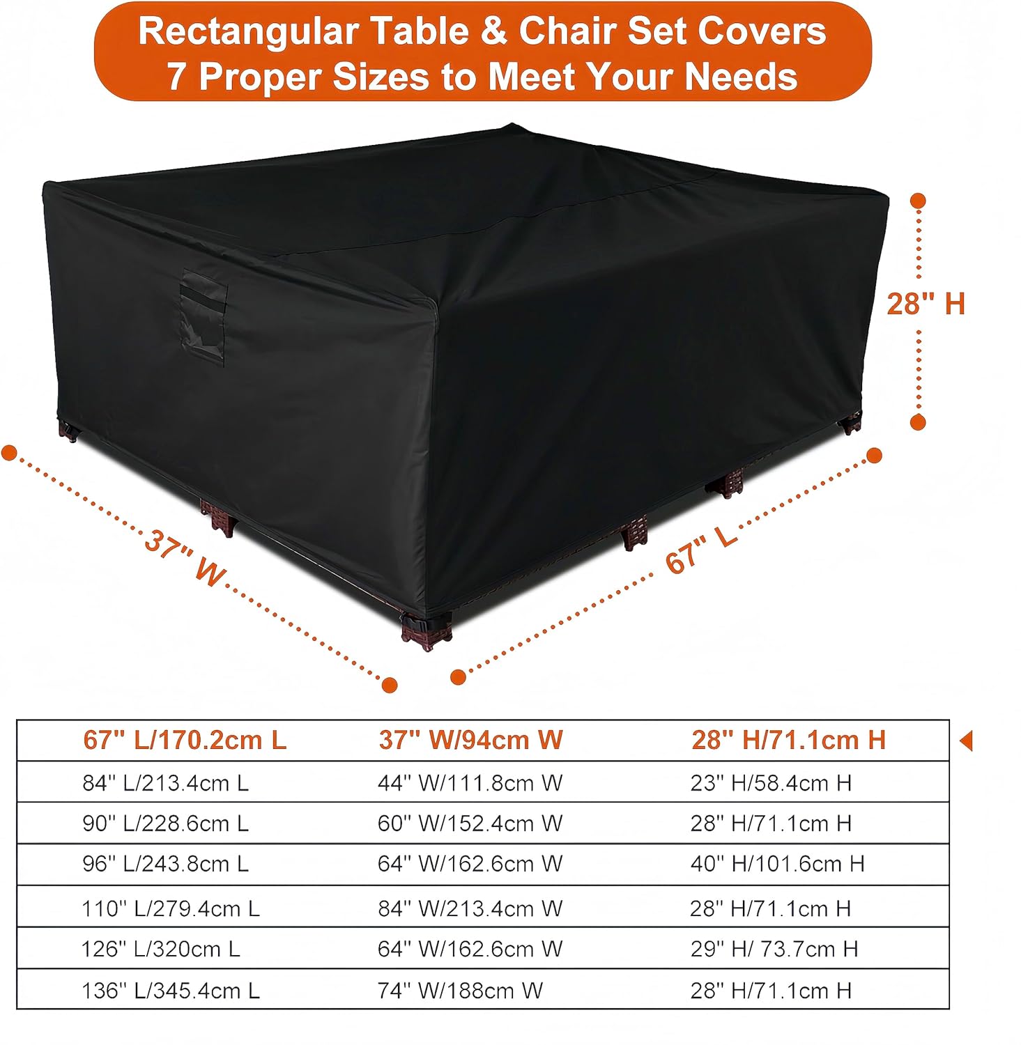 Likorlove Fundas impermeables para muebles de patio, 67 pulgadas de largo x 37 pulgadas de ancho x 28 pulgadas de alto, fundas grandes para mesa y