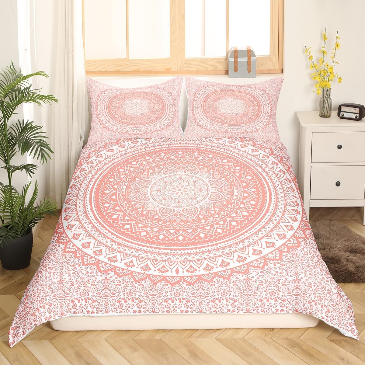 Juego de funda de edredón de mandala rosa, tamaño individual, juego de ropa de cama bohemio de cachemira para niños, adolescentes, niños, niñas,
