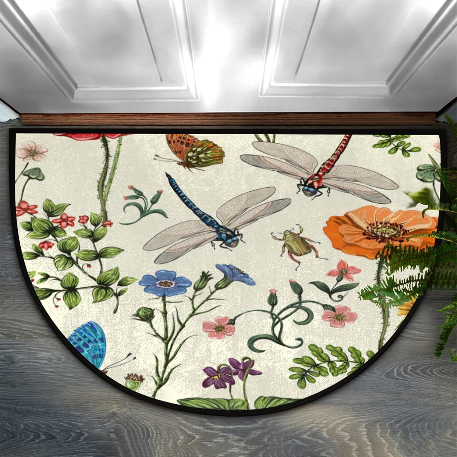 Alfombras semicirculares semicirculares de verano, mariposa, libélula, flores, hojas, tapete de bienvenida para entrada, tapete de bienvenida