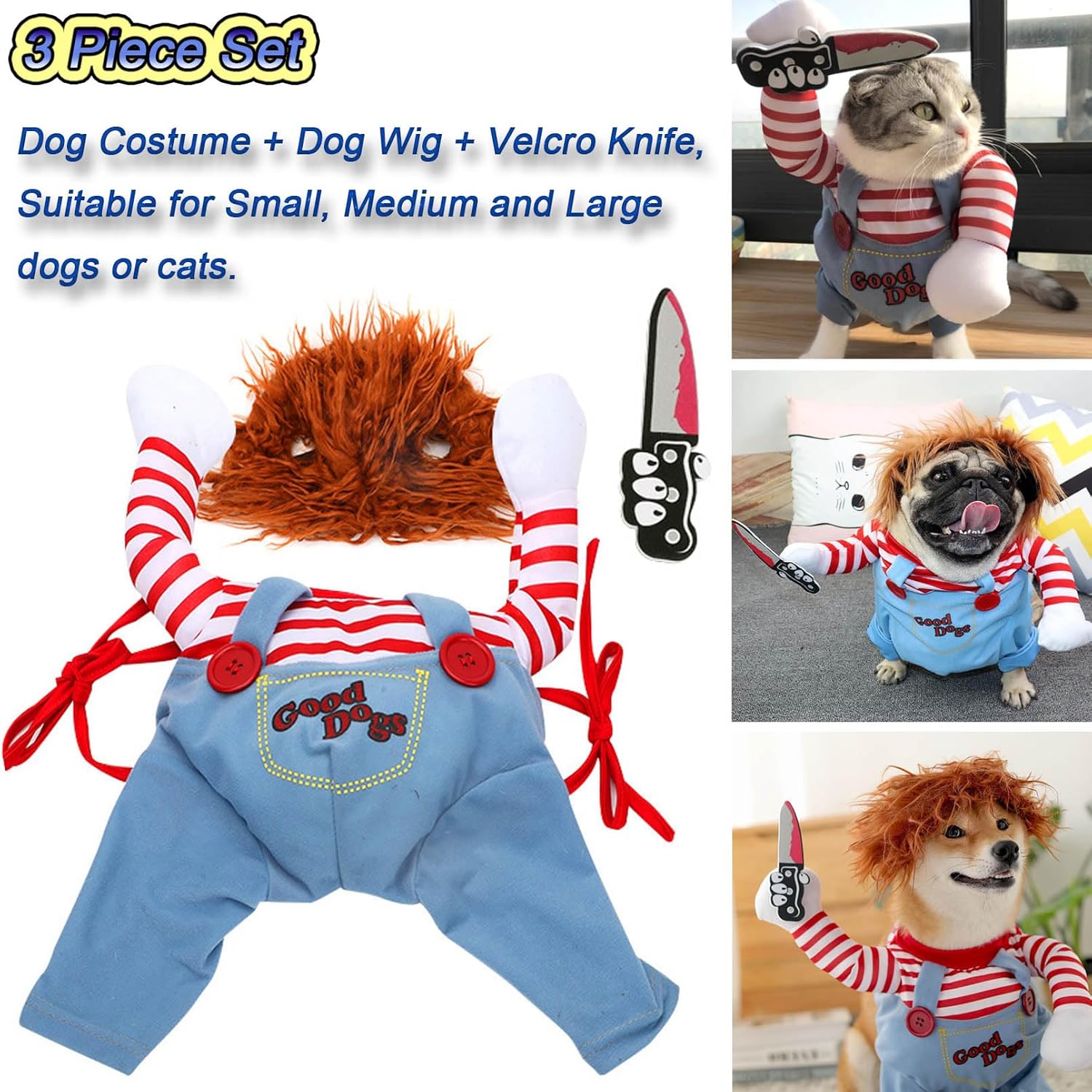 Disfraz de muñeca mortal para perro, novedoso disfraz de Halloween para perro, traje divertido para cosplay, ropa linda para perros pequeños,
