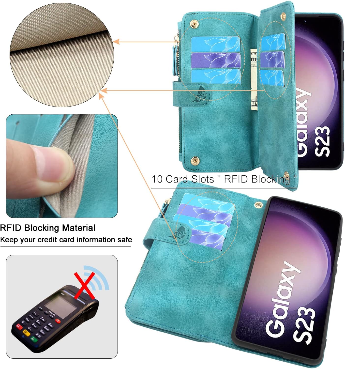 Lacass Funda de piel con cierre para Samsung Galaxy S23 5G de 6.1 pulgadas (6.1 pulgadas, azul y verde)