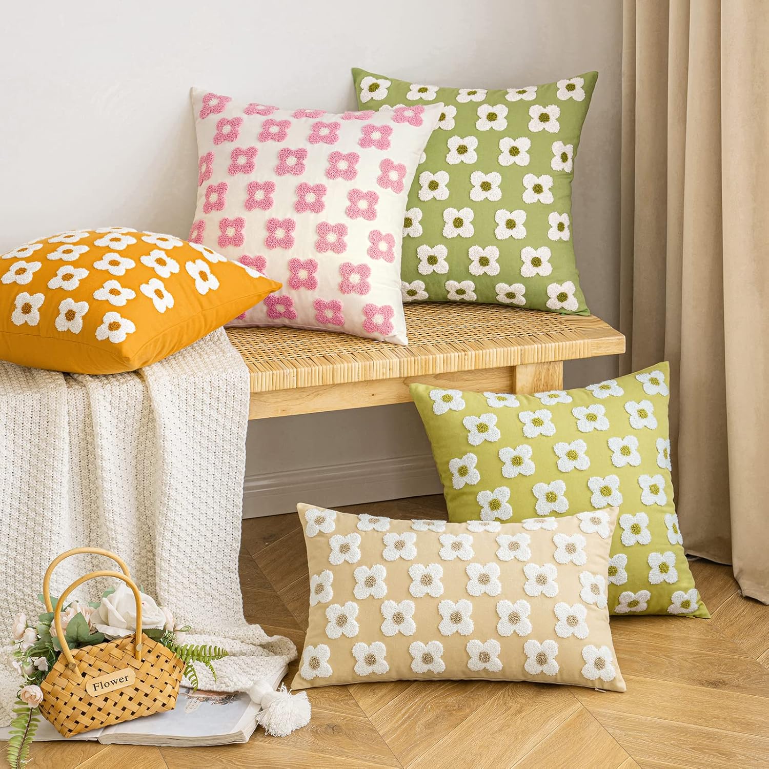 EMEMA Juego de 2 fundas de cojín decorativas de jacquard, diseño de margaritas y sol, flor, jacquard, para sofá, cama, sala de estar y dormitorio,