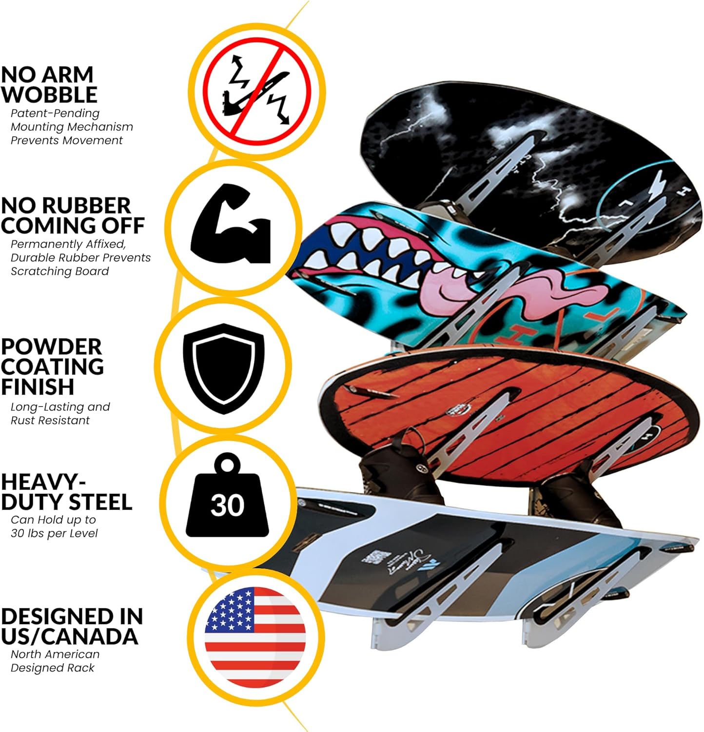 SteelChimp Wakeboard Rack de montaje en pared  Diseño de montaje de brazo pendiente de patente antideslizante  Estante de acero ajustable para