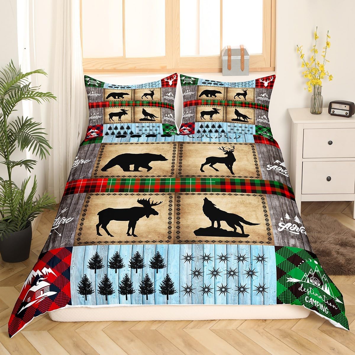 Juego de funda de edredón para niños de ciervo, oso, lobo, tamaño matrimonial, juego de ropa de cama de cabaña de aventura para niños, niñas,