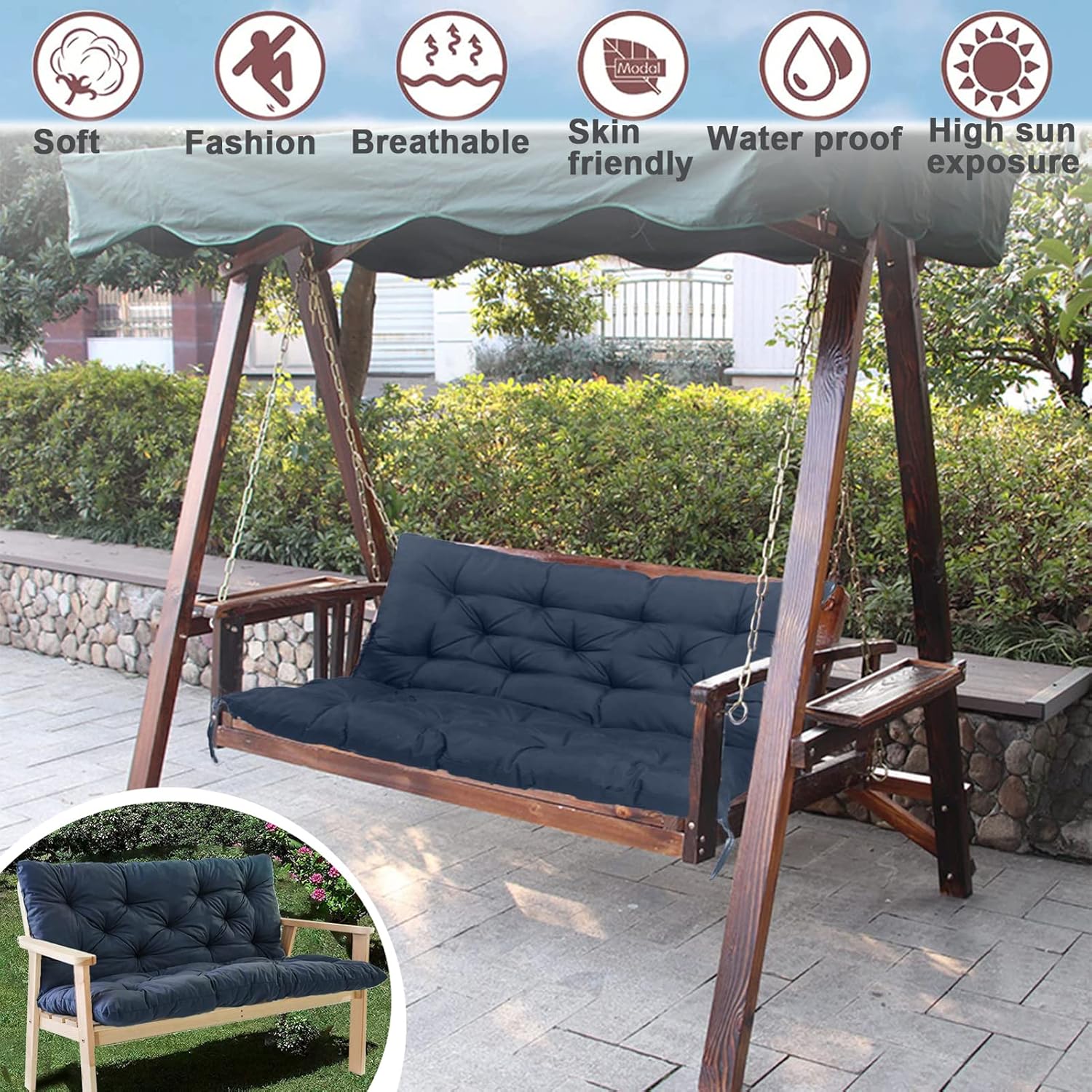 Bench Cushions Swing Cushions Replacement Seat Pad, 3 Seater Waterproof Overstuffed Bench Cushion,Outdoor Loveseat Cushions with Ties for Porch
