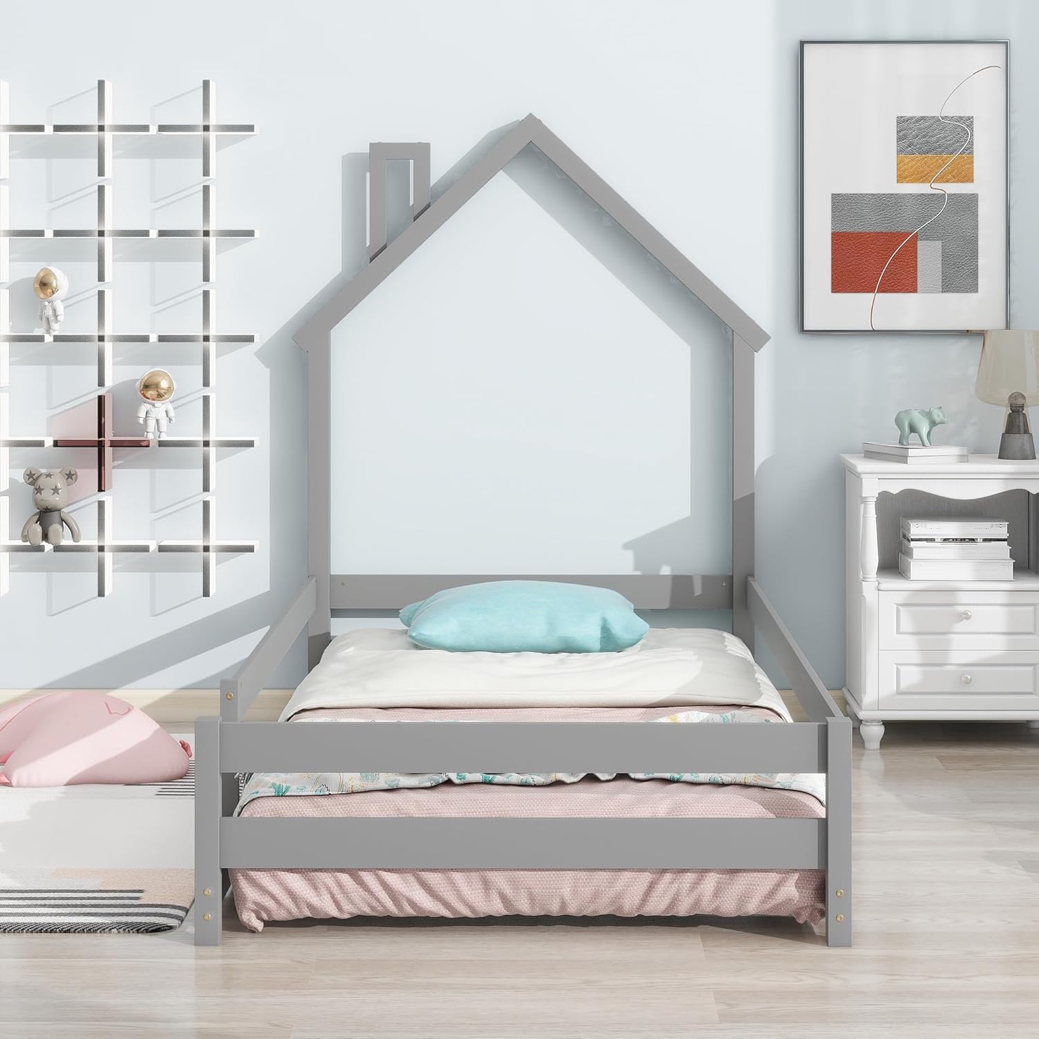 Cama de suelo Montessori individual, marco de cama de tamaño individual con cabecero y cercas en forma de casa, cama de piso individual para niños,