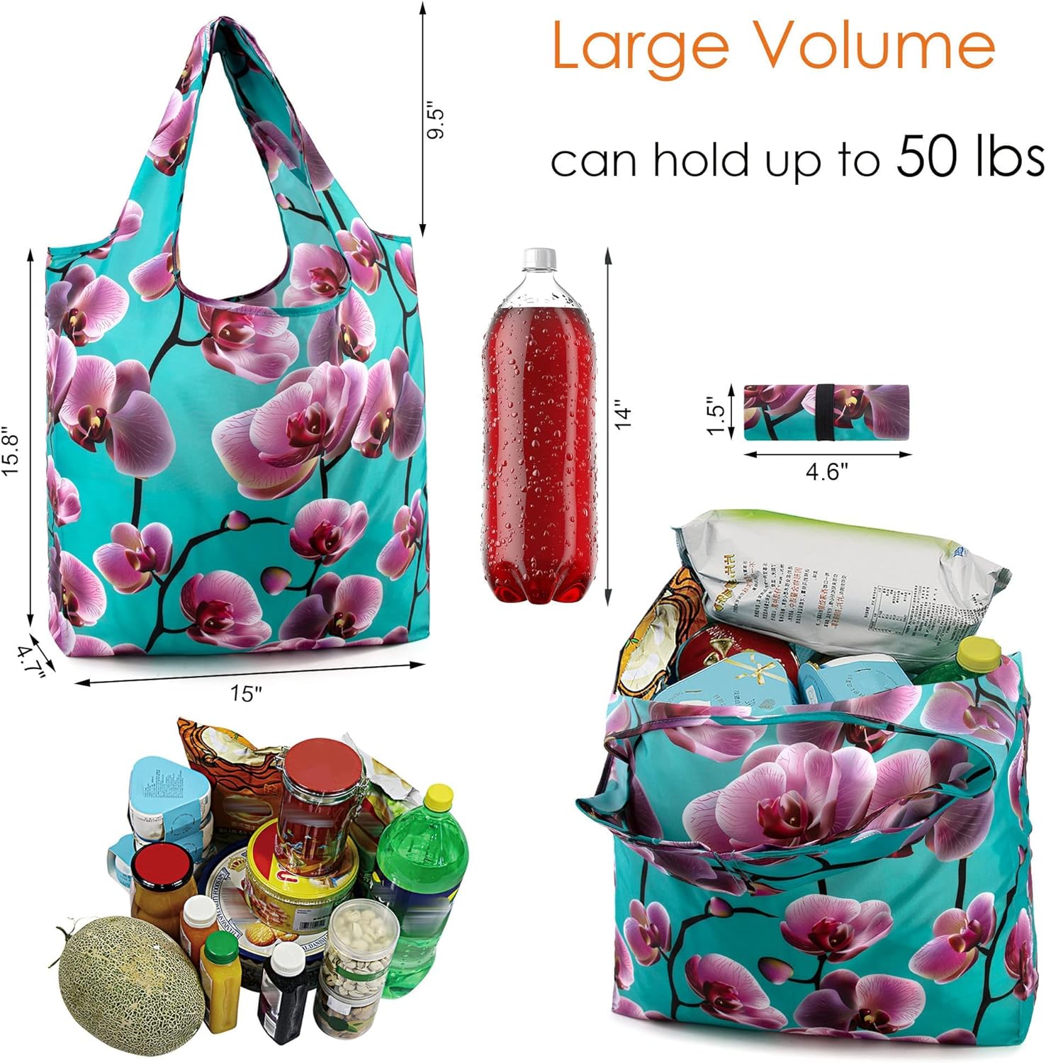 BeeGreen 12 paquetes de bolsas reutilizables de flores, bolsas reutilizables extra grandes de 50 libras, lindo diseño floral, bolsas plegables