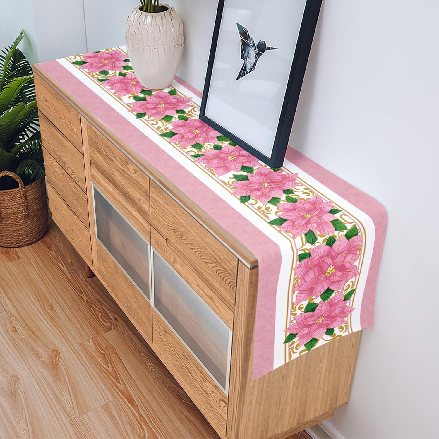 Camino de mesa de lino de algodón con textura de flor de pascua rosa de Navidad, camino de mesa de invierno con textura, sin arrugas, 13 x 36