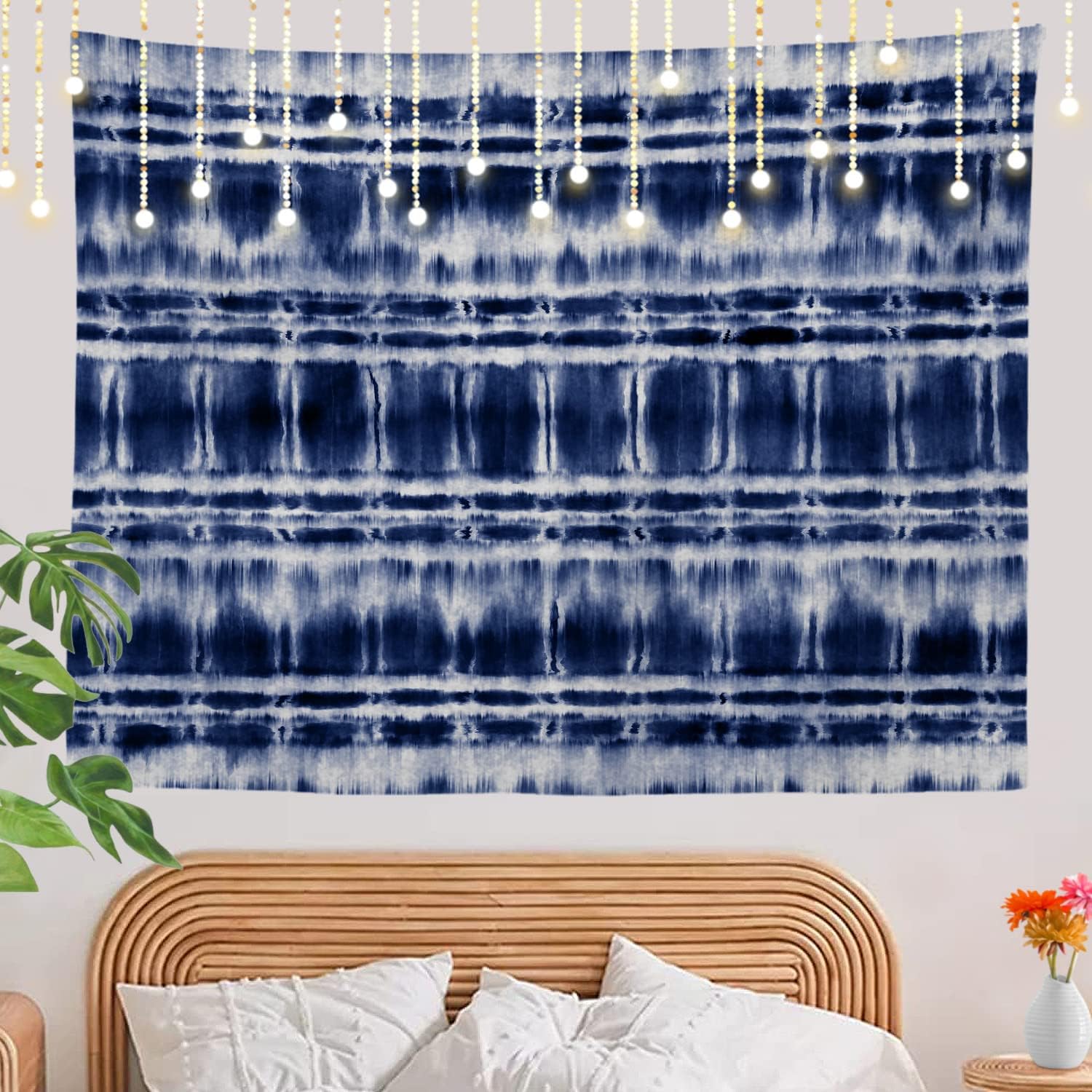 Shrahala Tapiz de pared de teñido anudado azul, a rayas Shibori azul marino índigo abstracto folk para colgar en la pared, tapiz grande decorativo
