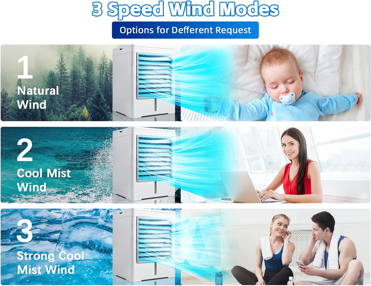 Aire acondicionado portátil, enfriador de aire evaporativo, mini enfriador de aire inalámbrico personal con 3 velocidades de viento y 3