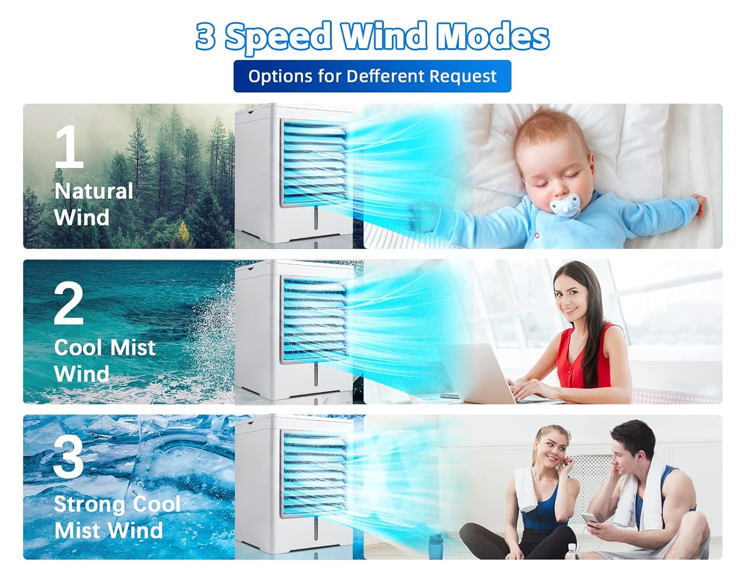 Aire acondicionado personal mini CA, 3 velocidades, 15.2 fl oz, tanque de agua, enfriador de aire evaporativo con temporizador, muesca de