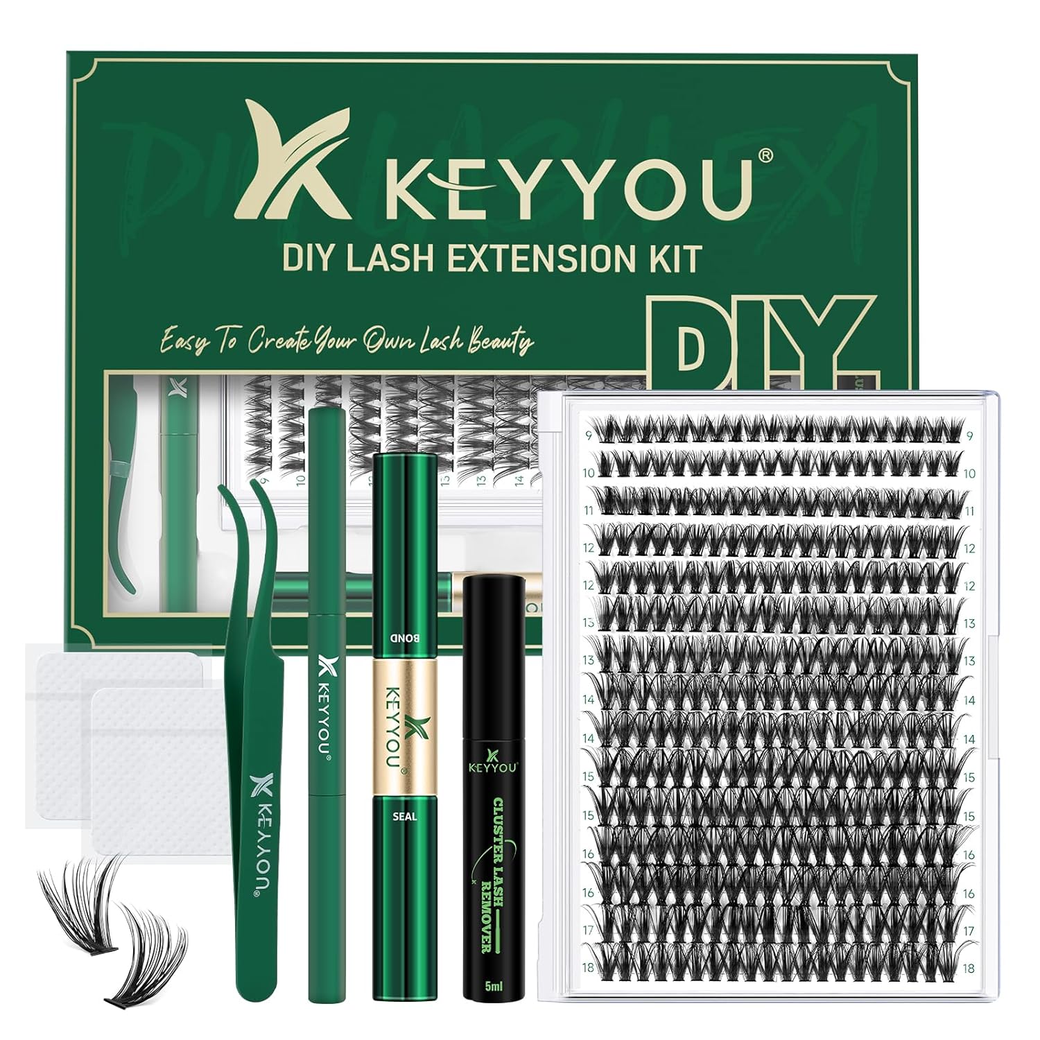 KEYYOU – Kit de extensión de pestañas individuales, 300 unidades, 40D, 0.07D, rizo 0.354-0.709 in, con aplicador removedor de pegamento para