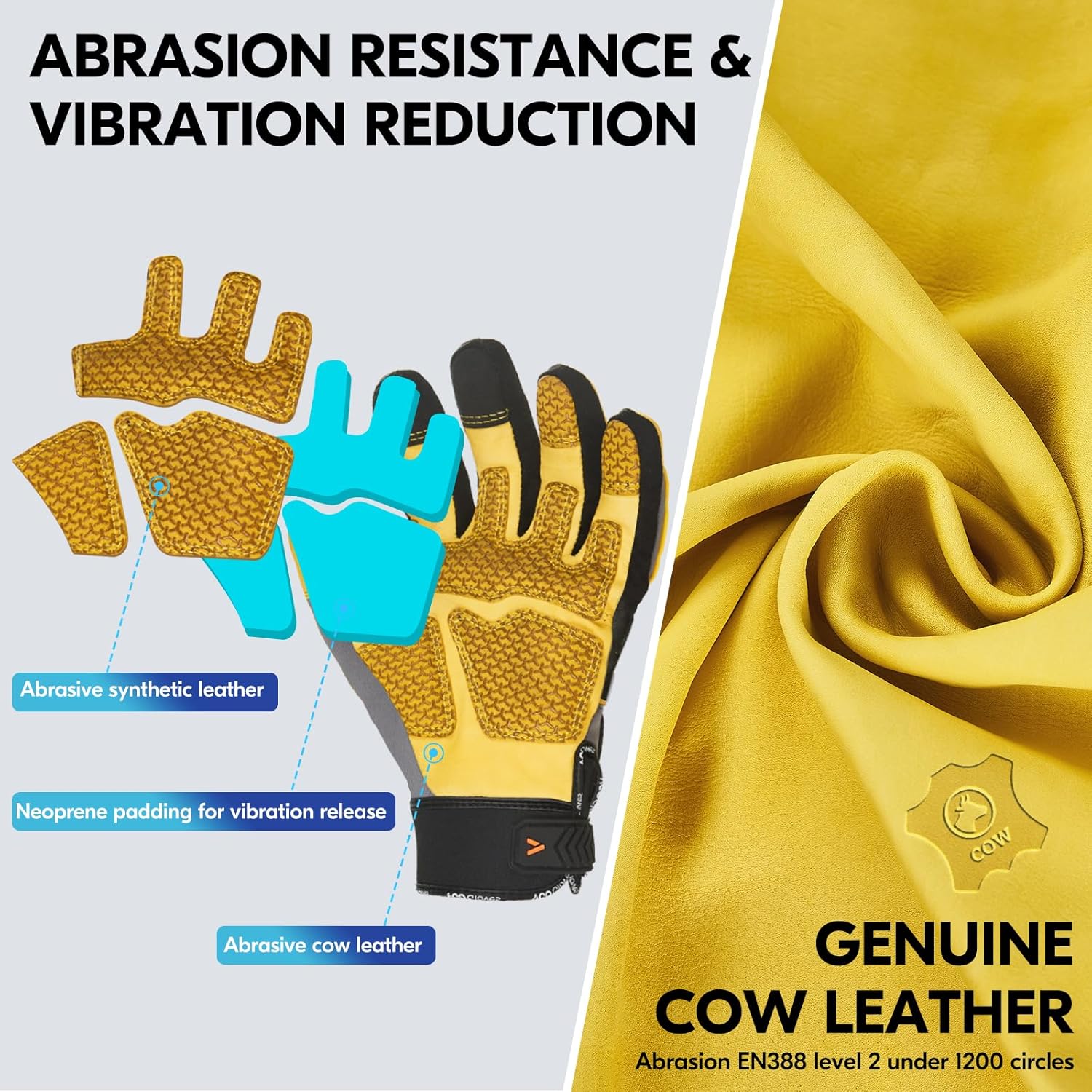 Vgo… Guantes de trabajo de cuero de vaca para hombre, guantes de jardinería de cuero, guantes de protección para el patio, guantes de protección