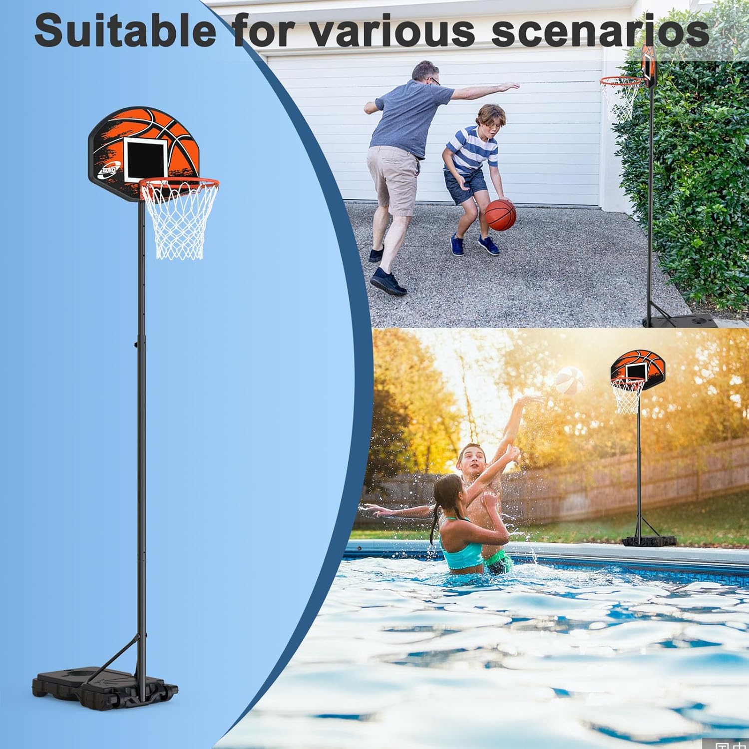 Aro de baloncesto para niños, aro de baloncesto ajustable de 2.9 a 6.9 pies, para exteriores, tablero trasero de 28 pulgadas, soporte de baloncesto