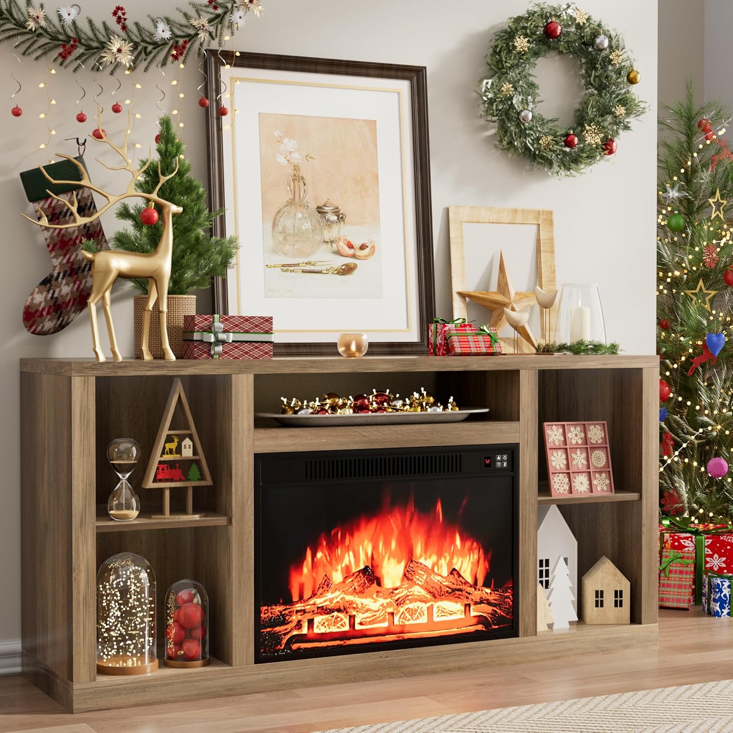 YESHOMY Soporte de TV con chimenea eléctrica para televisores de hasta 65 pulgadas, mesa consola central de entretenimiento multimedia con cuatro