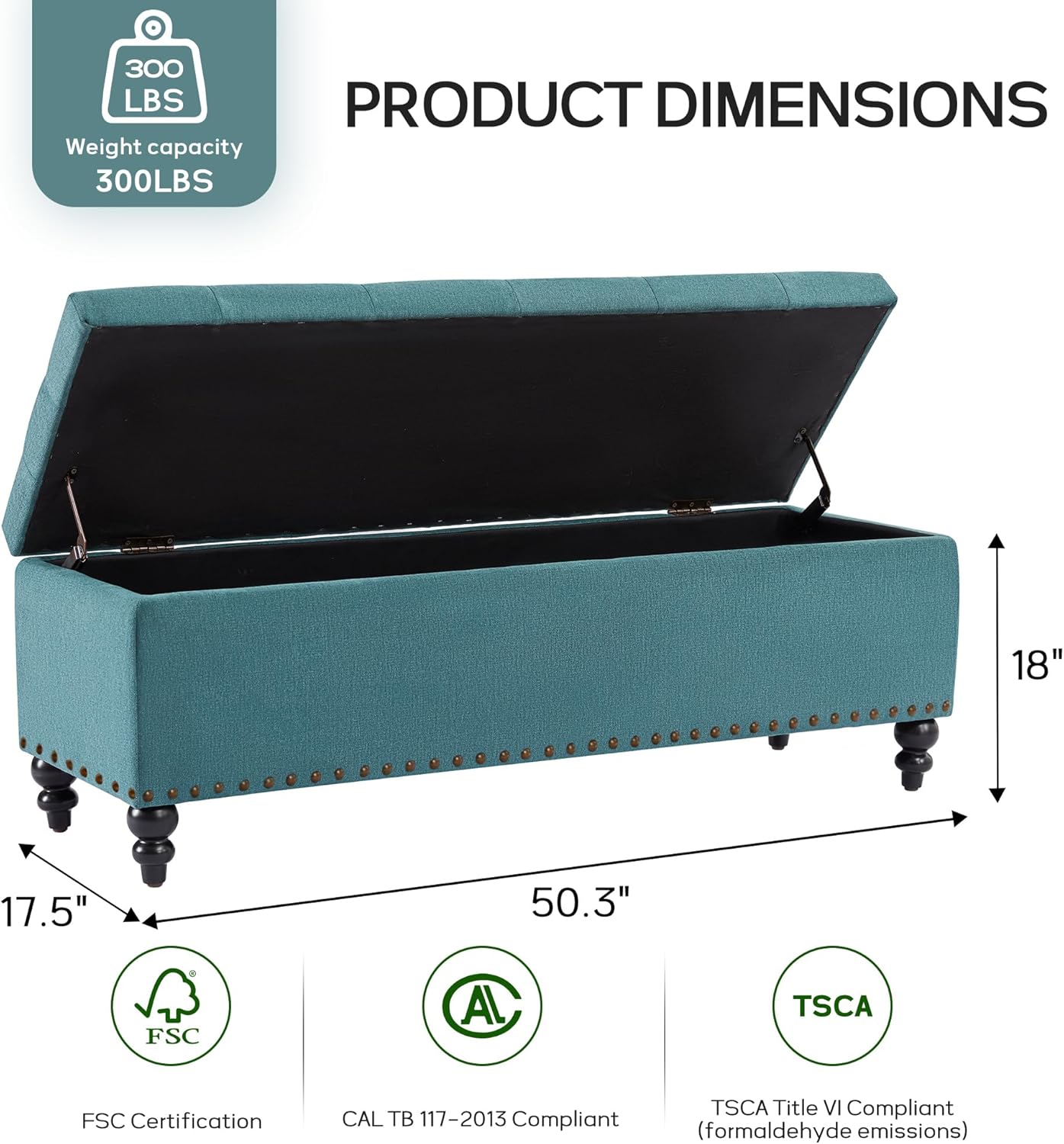 HUIMO Otomana con almacenamiento, banco otomano de almacenamiento de 51 pulgadas con botones, bisagra de seguridad para dormitorio en telas