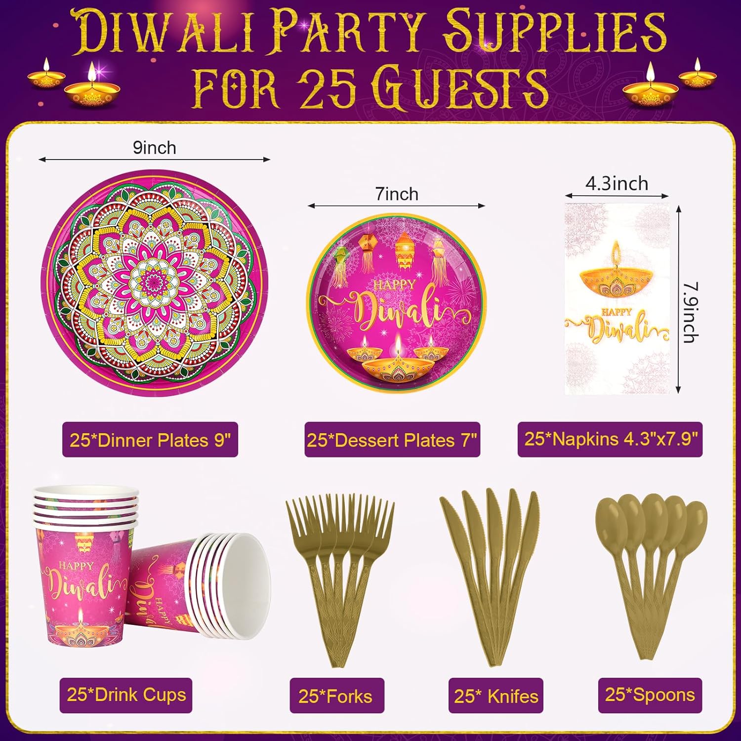 Platos y servilletas de papel Happy Diwali, decoraciones de suministros de fiesta de Diwali, platos de papel desechables para el festival de luces