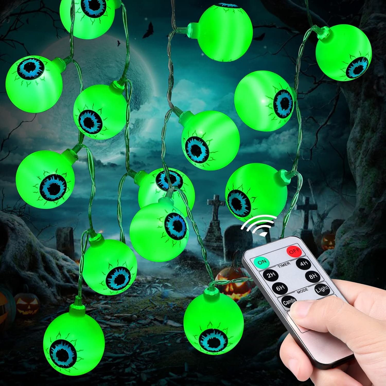 Decoraciones de Halloween de 19.7 pies, 40 luces LED de globo ocular con temporizador remoto funciona con pilas, 8 modos de luz, decoración de