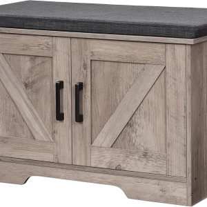 HOMSHO Banco de almacenamiento de 2 niveles, banco de zapatos con cojín de asiento acolchado, banco de entrada con 2 puertas de granero, estante HOMSHO Banco de almacenamiento de 2 niveles, banco de zapatos con cojín de asiento acolchado, banco de entrada con 2 puertas de granero, estante