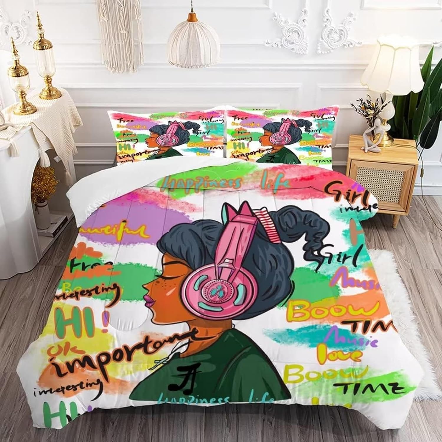VTKON Black Girl Magic – Juego de edredón de tamaño King con palabras coloridas para mujeres, afroamericanas, 1 edredón + 2 fundas de almohada