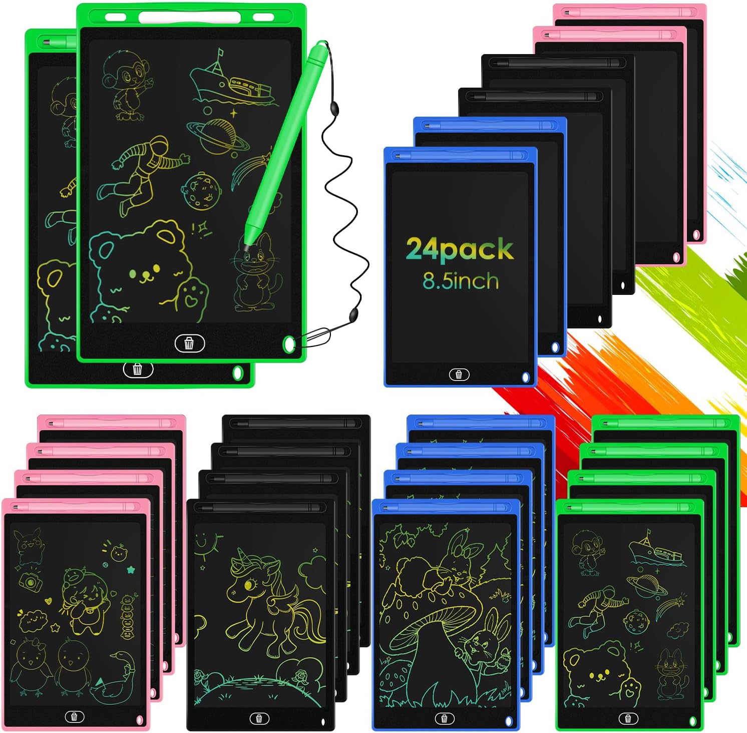 Paquete de 24 tabletas de escritura LCD de 8.5 pulgadas, tableta de dibujo colorida para niños, almohadilla LCD borrable para garabatos, juguete