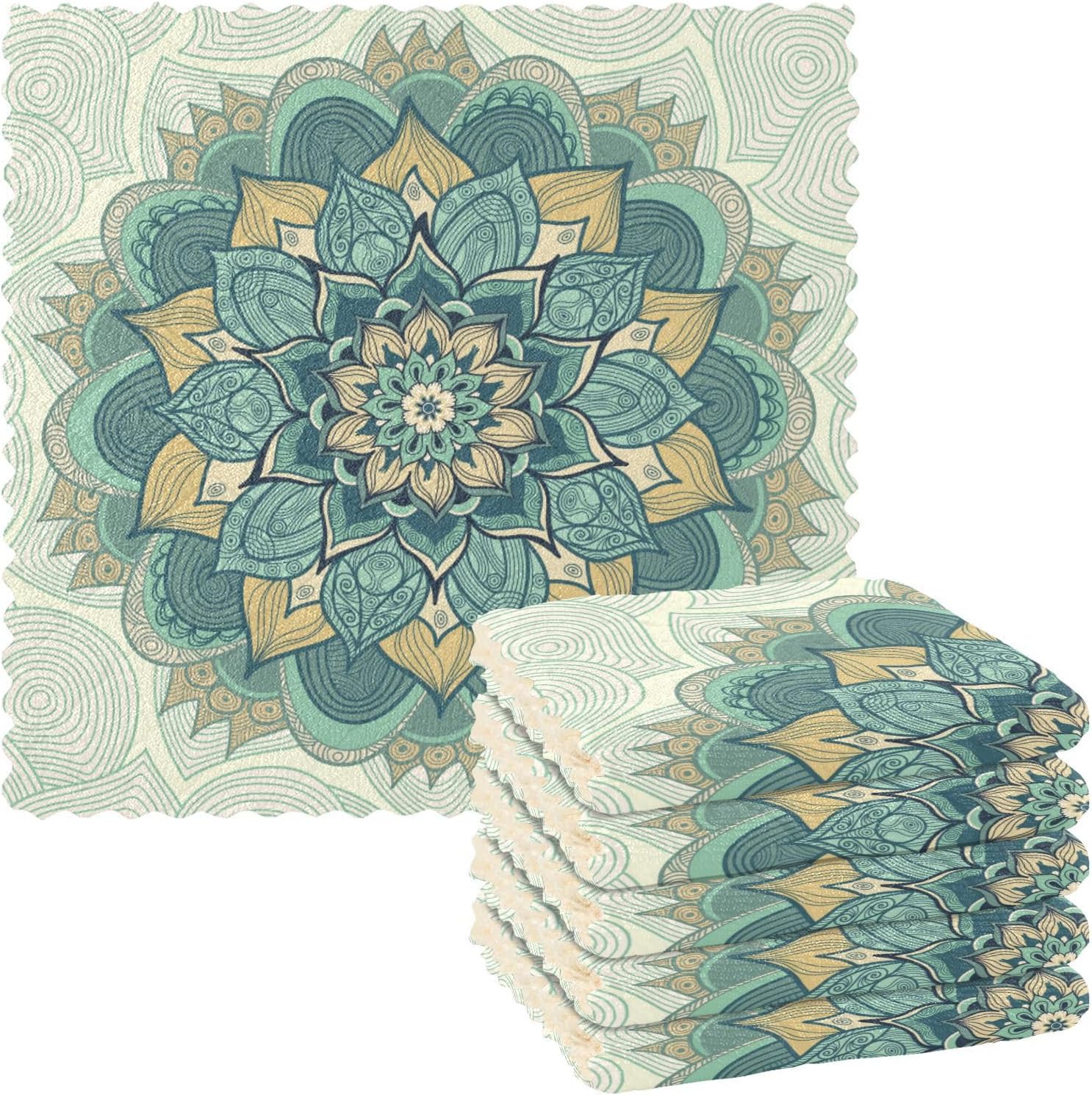 Ornamental Round Mandala Floral 6 Pack Quick Dry Microfiber Dish Drying Towel Print Cotton Rags for Countertop Sink