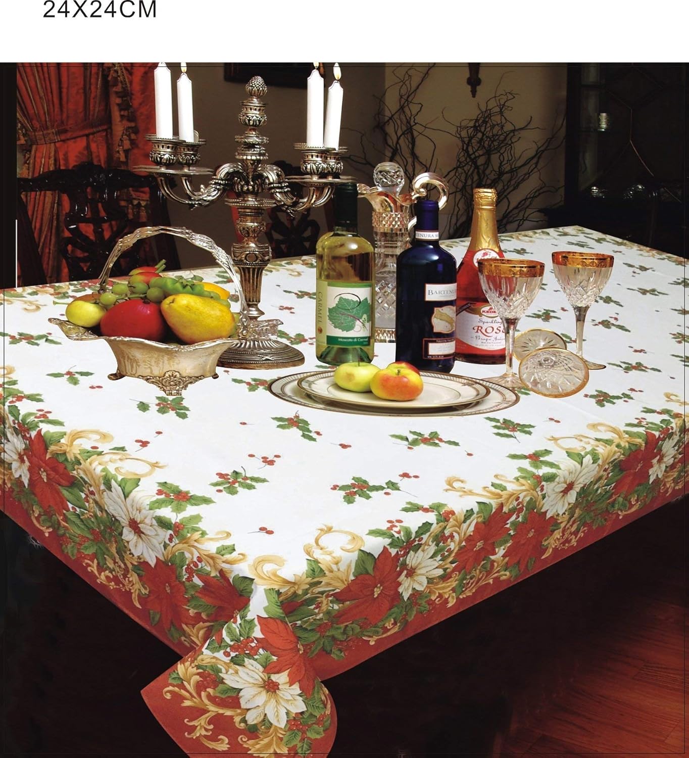 Violet Linen Mantel decorativo de Navidad con flores europeas, estampado de flor de pascua y bayas de acebo, 60 x 84 pulgadas
