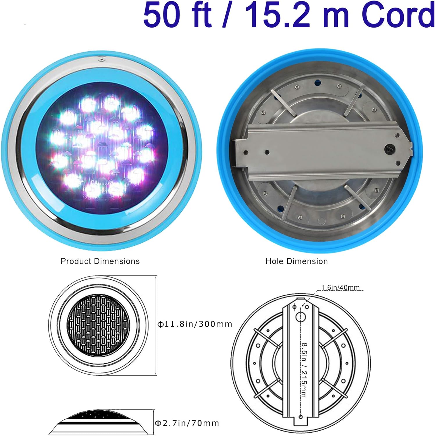 CNBRIGHTER Luces LED subacuáticas para piscina, cambio de color RGB de 54 W, 12 V CA, cable de 50 pies montado en la pared IP68 impermeable, acero